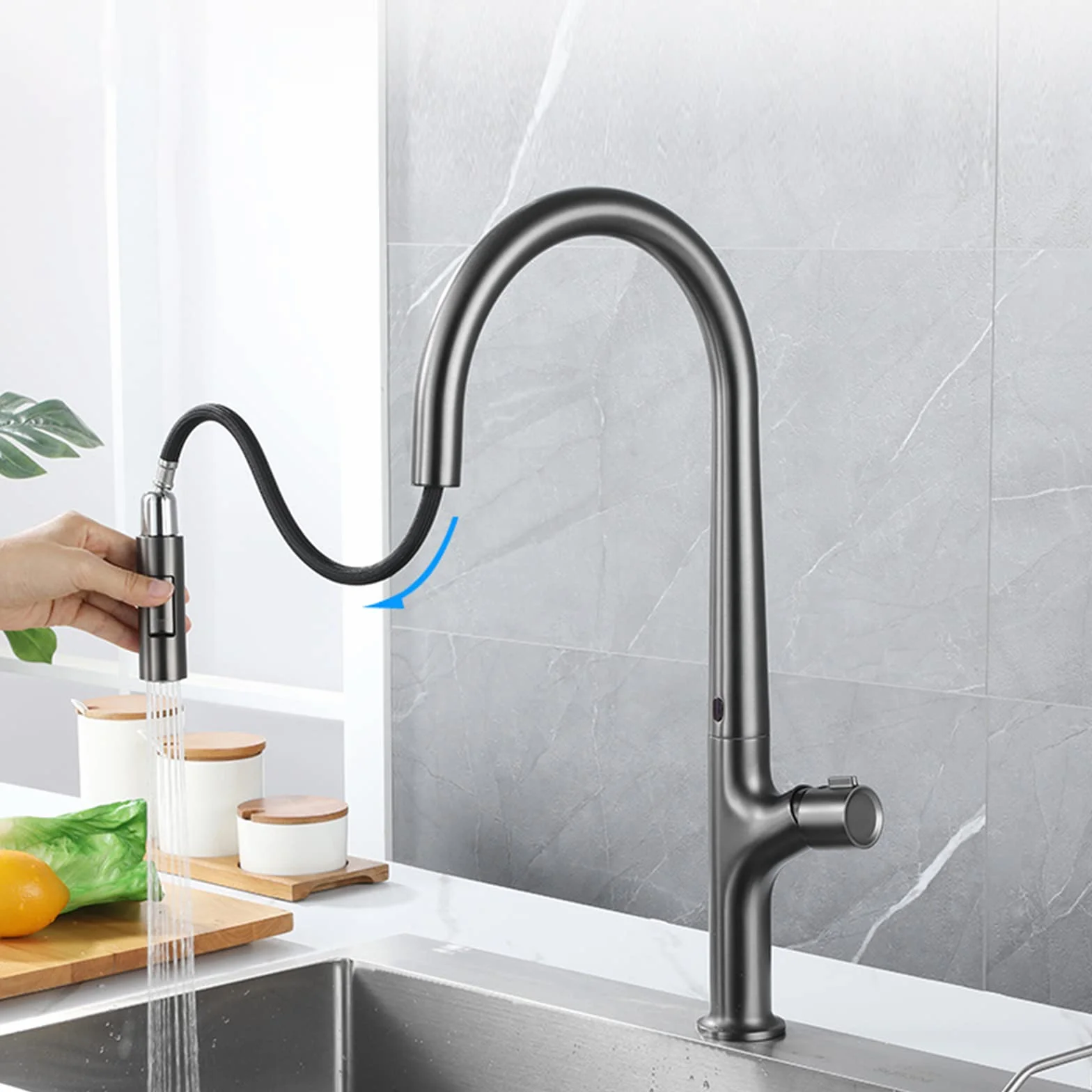 Bateria zlewozmywakowa Touch Kitchen Sink, baterie z wyciąganą wylewką i 2-funkcyjną wylewką, mosiężne jednouchwytowe krany kuchenne, Gun Grey