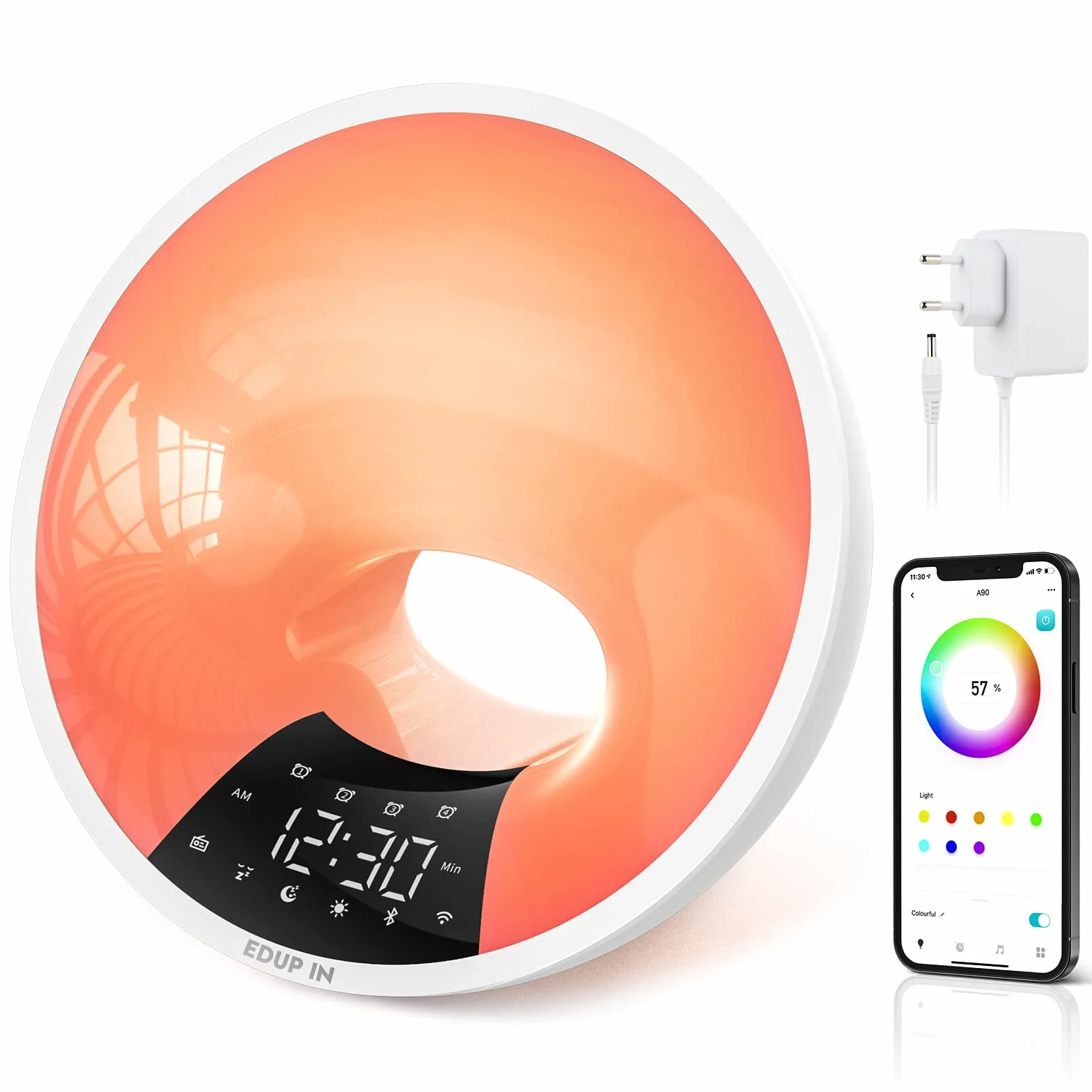 EDUP IN Wake-up Light, Inteligente Oświetlenie, Budzik świetlny smart, łatwe budzenie, symulacja wschodu słońca, głośnik sterowany aplikacją, 4 budziki, drzemka, 16 mln kolorów Lampka nocna