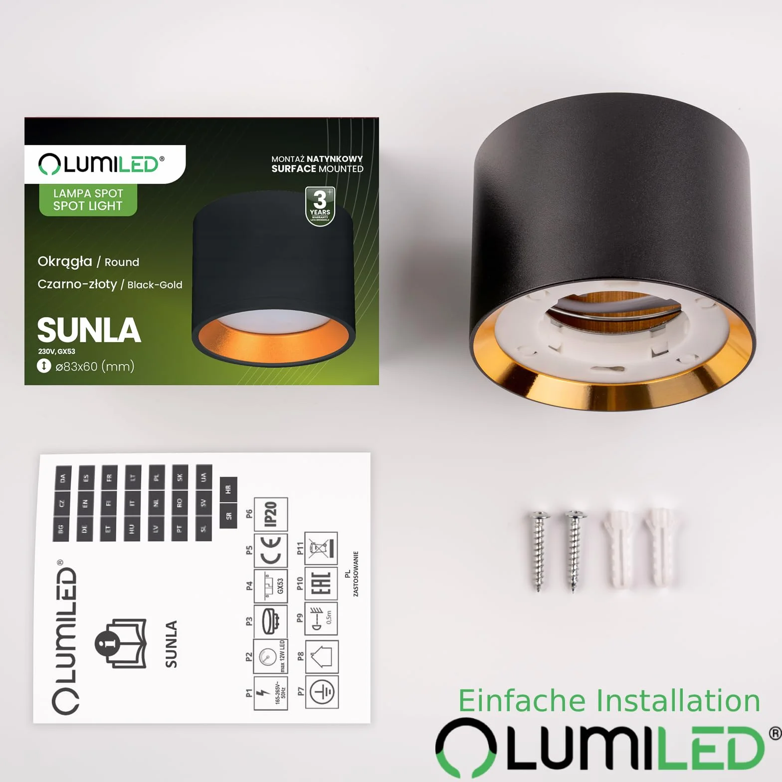Lumiled Reflektor do montażu, lampa natynkowa Tuba, zewnętrzny spot, reflektor do montażu, lampa natynkowa, 230V, lampa sufitowa z gniazdem Gx53, zewnętrzna lampa montażowa z aluminium, downlight