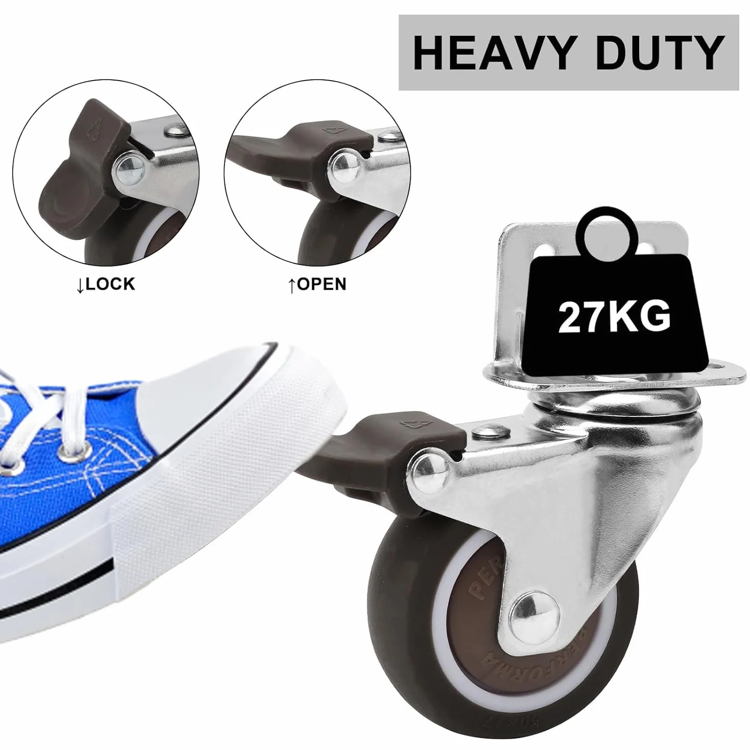 Rolki meblowe 50 mm z grubą płytą montażową L, kółka do dużych obciążeń, mogą udźwignąć 115 kg, kółka do mebli z 2 hamulcami i 2 bez idealnych kółek skrętnych do szopek, mebli, stojaków na kwiaty