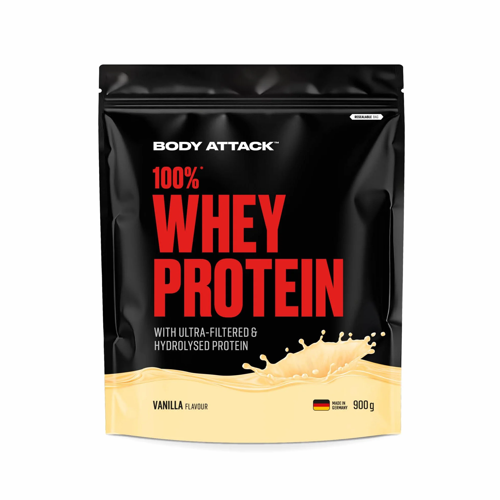 Body Attack 100% WHEY PROTEIN – wanilia – 900 g – Made in Germany – ekstra kremowy proszek białkowy z hydrolizatem i BCAA's, wspomaga budowę mięśni i dietę