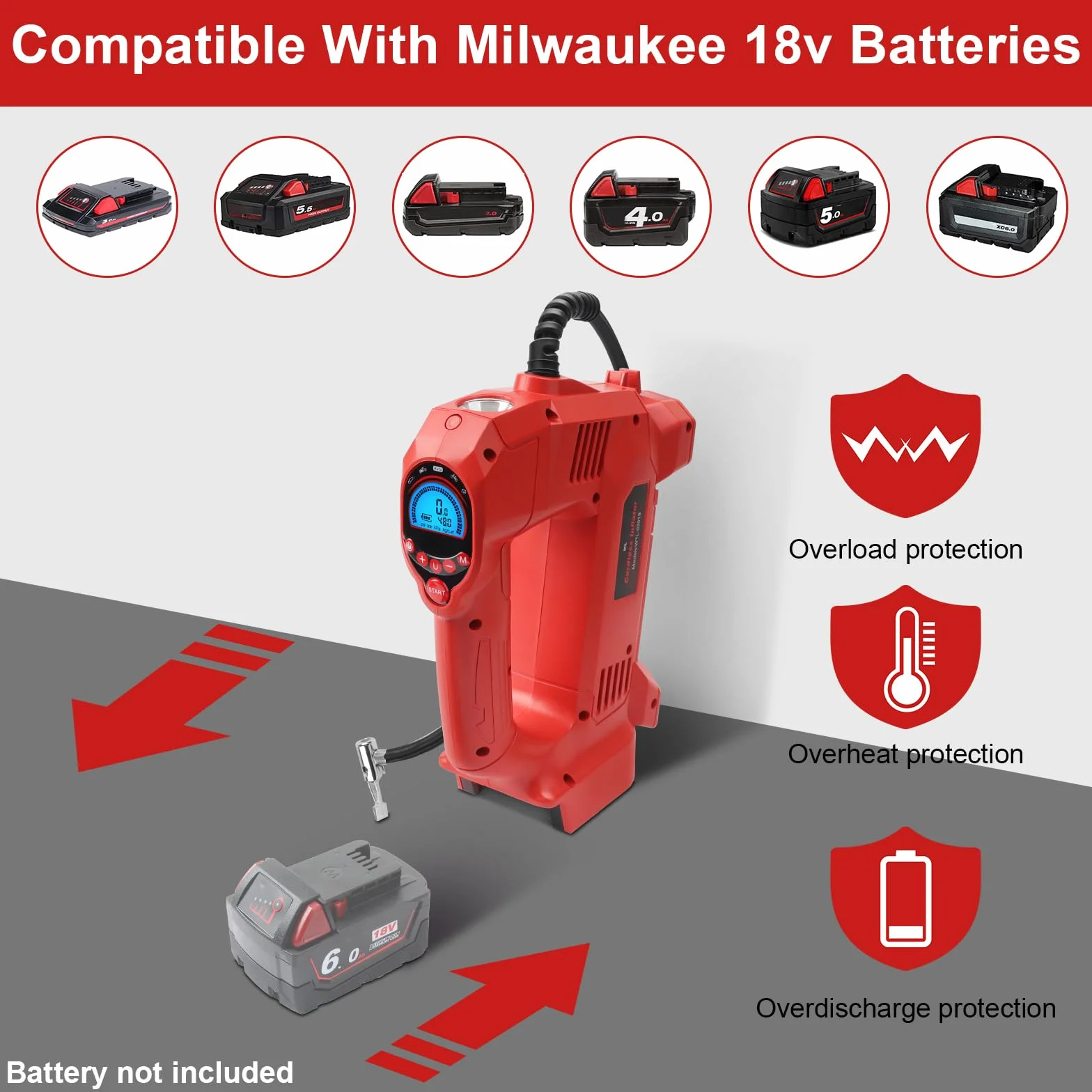 Akumulatorowy kompresor kompatybilny z Milwaukee M18, do 10,34 bar, LED, automatyczne wyłączanie, przenośna pompka do samochodu, motocykla i roweru (bez akumulatora)