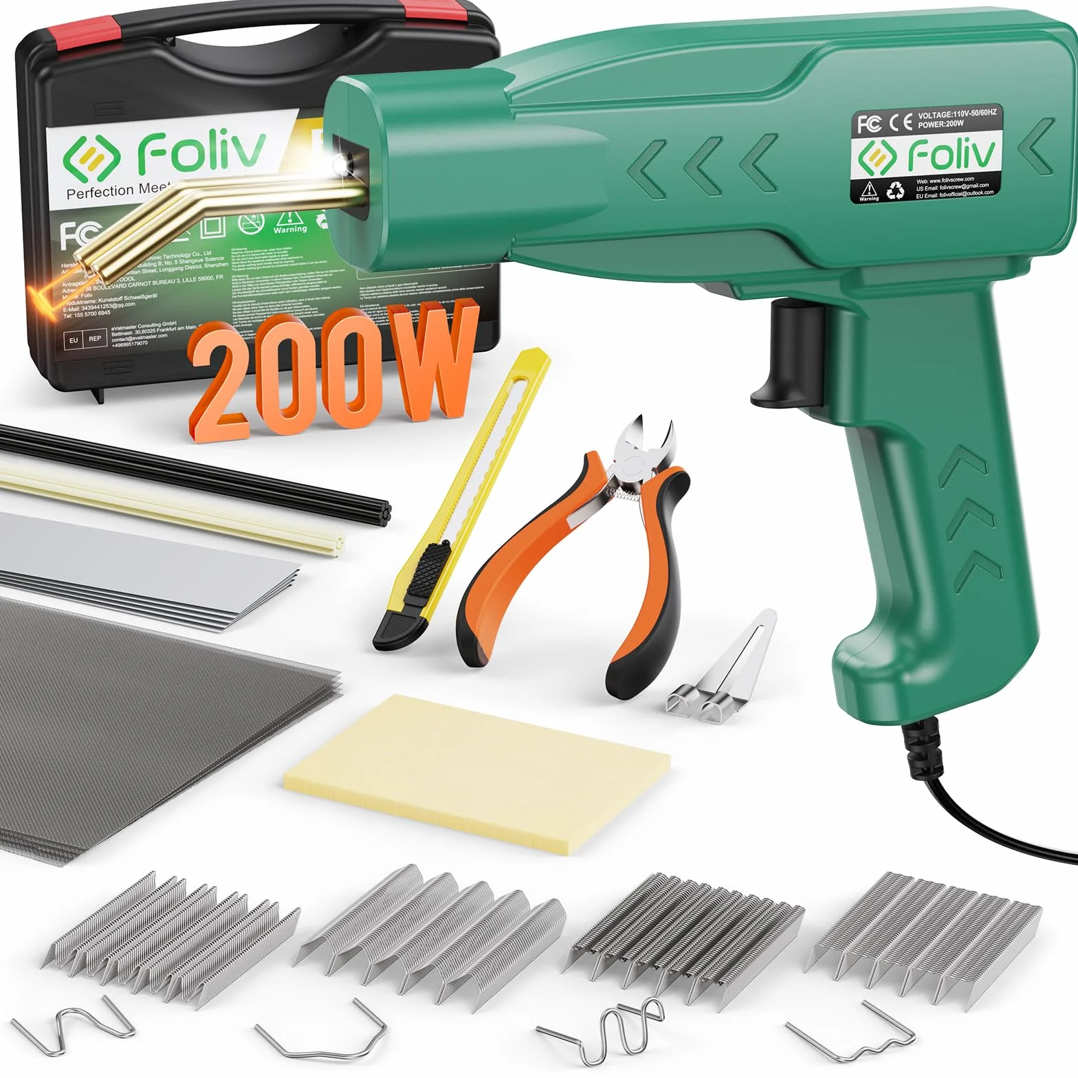 Foliv Spawarka do tworzywa sztucznego 200 W, zestaw spawarek do tworzyw sztucznych, 2 w 1, spawarka, zderzaki samochodowe, zestaw naprawczy z 1000 szt. gwoździ, 16 prętów spawalniczych z tworzywa