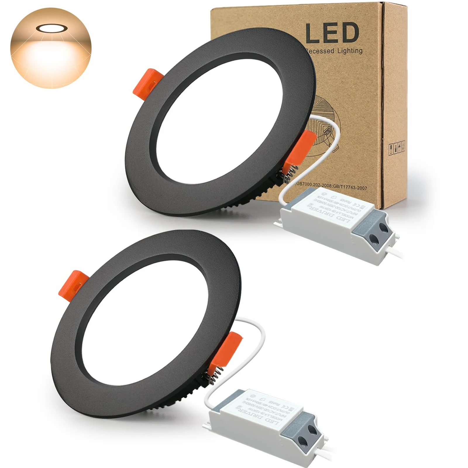 BRIMETI Reflektor LED Wpuszczany 230V 7W 700LM Zestaw 2 Bardzo Płaski Sufitowe do Zabudowy Spot Lazienkowy IP44 Ciepła Biel 3000K Reflektor LED, do Salonu Kuchni Przedpokoju Sypialni (Czarny）