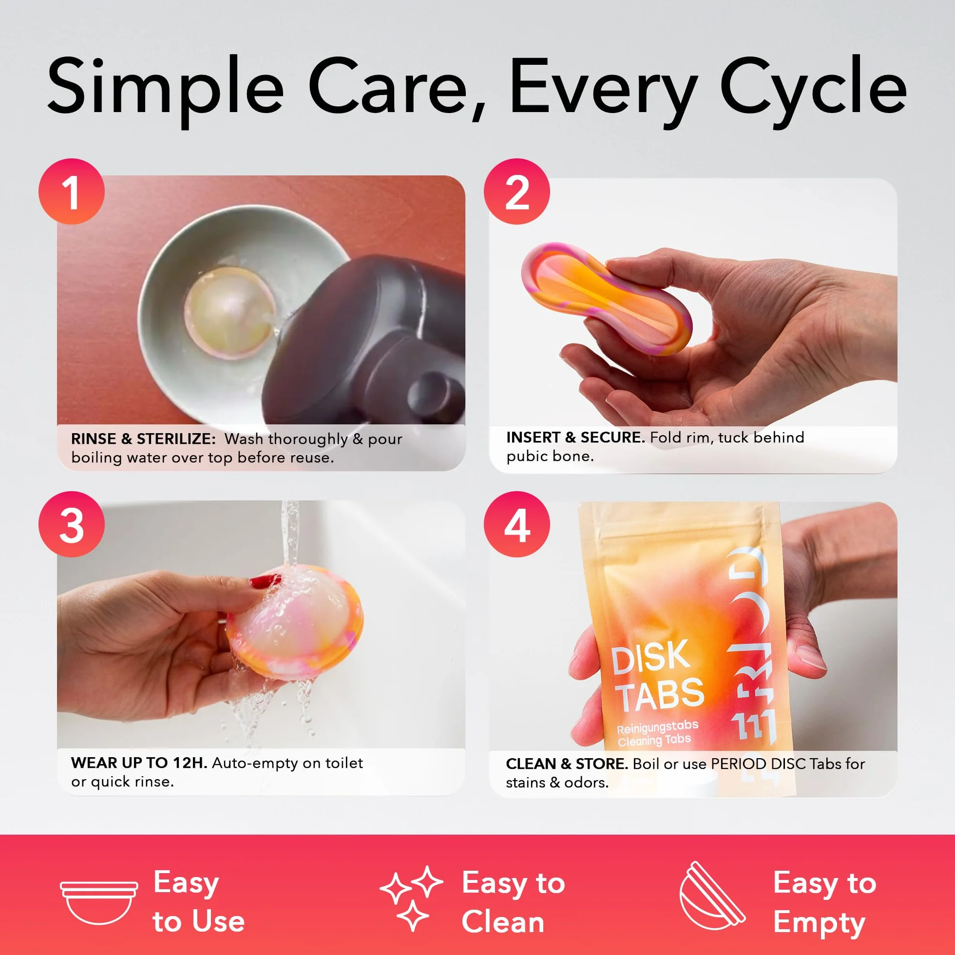 PERIOD Dysk menstruacyjny wielokrotnego użytku z platynowego silikonu medycznego, automatyczne opróżnianie, M/L