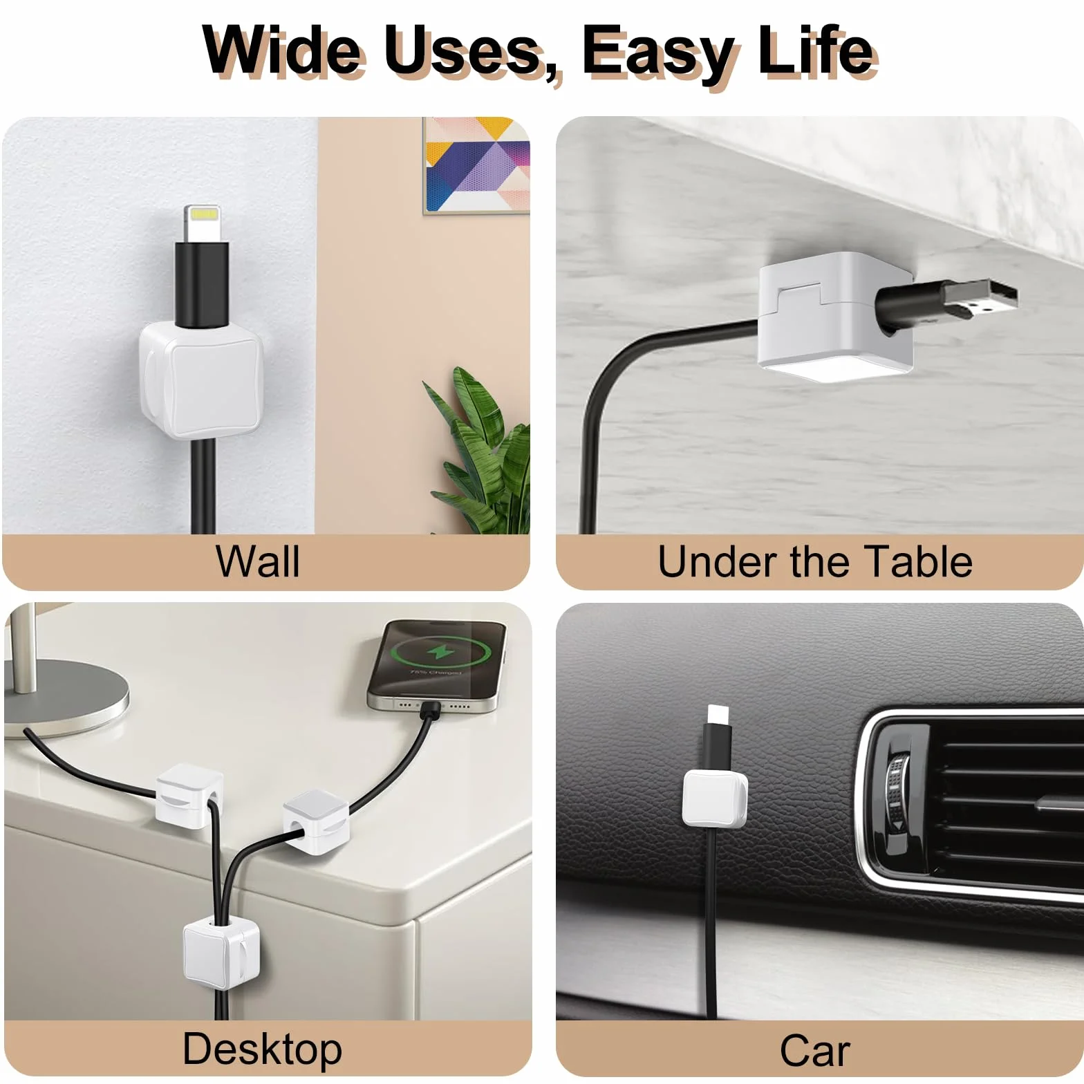 TiMOVO Magnetic Cable Clips, 8 Pack Cable Cord Organizer with Strong Adhesive under Desk Cable Management, Small Mini Wire Holder Keeper Organizer for Home Office Desk Kitchen Car Nightstand, White