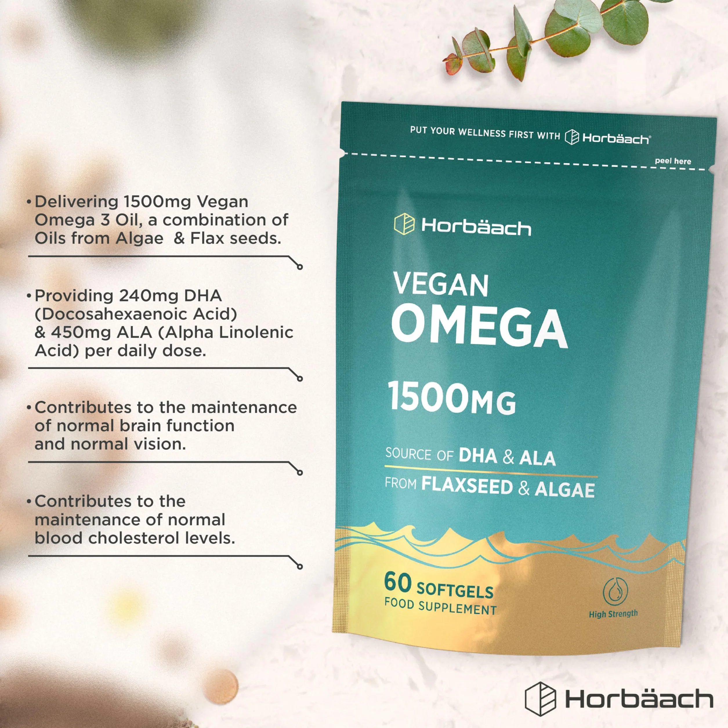 Horbaach Omega 3 DHA z oleju z Alg 1500mg 60 kapsułek 450mg ALA 240mg DHA