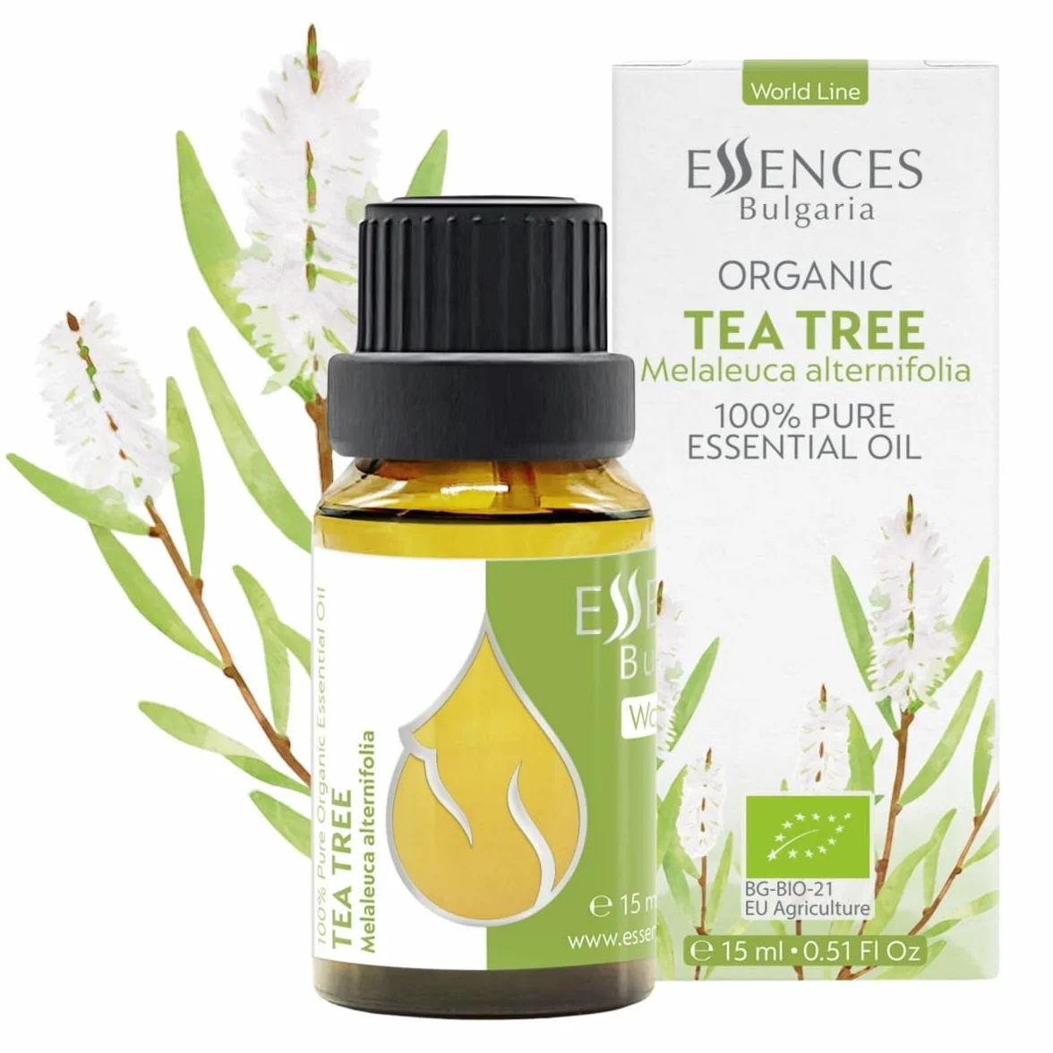 Essences Bułgaria Organiczny Olejek Eteryczny z Drzewa Herbacianego 15ml | Melaleuca alternifolia | 100% Czysty i Naturalny | Nierozcieńczony | Klasa Terapeutyczna | Aromaterapia | Kosmetyki | Bez GMO