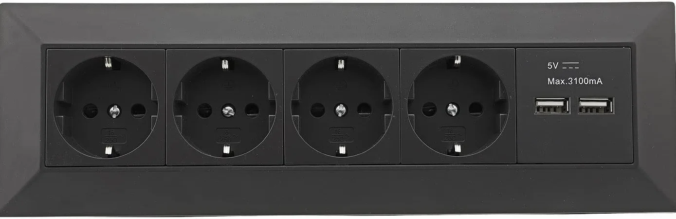 ChiliTec Blok gniazdek wtykowych z zestykiem ochronnym, czarne (4 gniazda + 2 x USB 3,1 A)