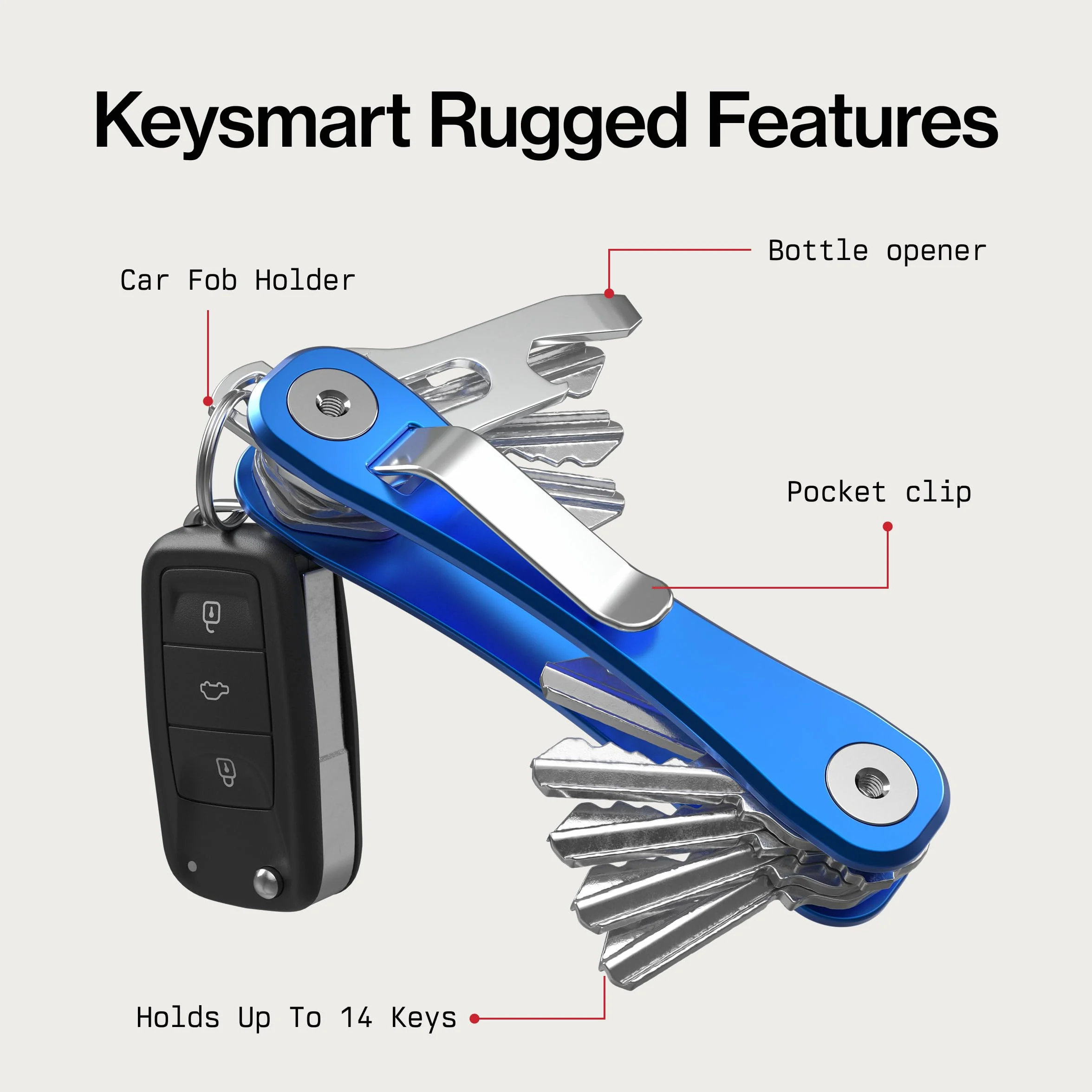 KeySmart Wytrzymały - wielofunkcyjny uchwyt na klucze z otwieraczem do butelek i klipsem kieszonkowym (do 14 kluczy, niebieski)