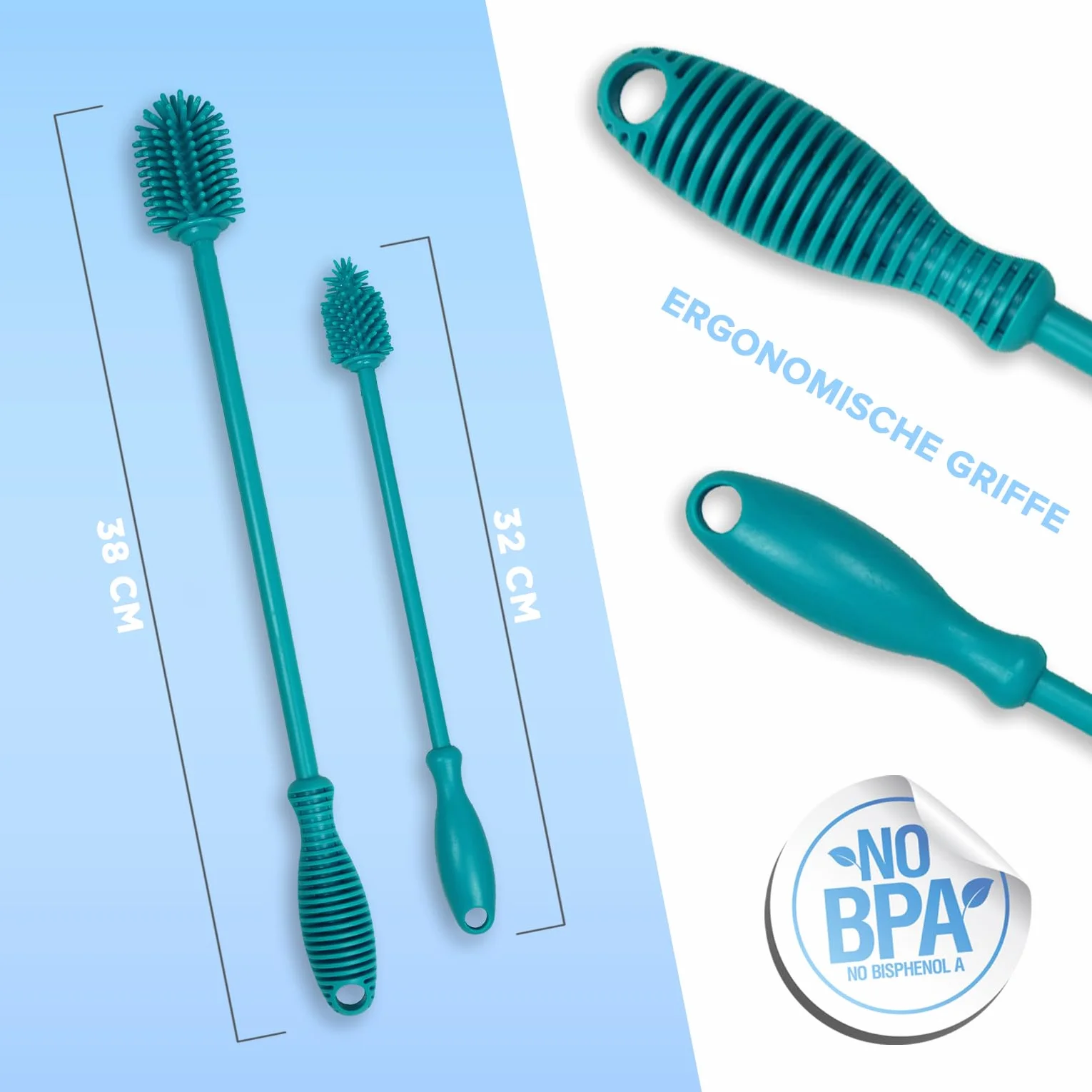 JAWAonline zestaw 2 szczotek do mycia naczyń 38cm - szczotka do butelek silikonowa delikatna i odporna na zarysowania - elastyczna szczotka - szczotka do czyszczenia małych i dużych butelek