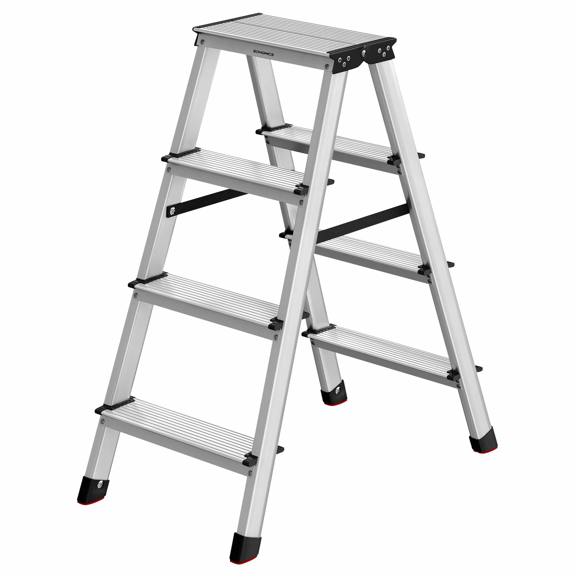 SONGMICS Drabina, schody, drabina aluminiowa z 4 antypoślizgowymi stopniami, składana, schody, drabina wielofunkcyjna, nośność do 150 kg, srebrno-szary atrament czarny GLT014E01