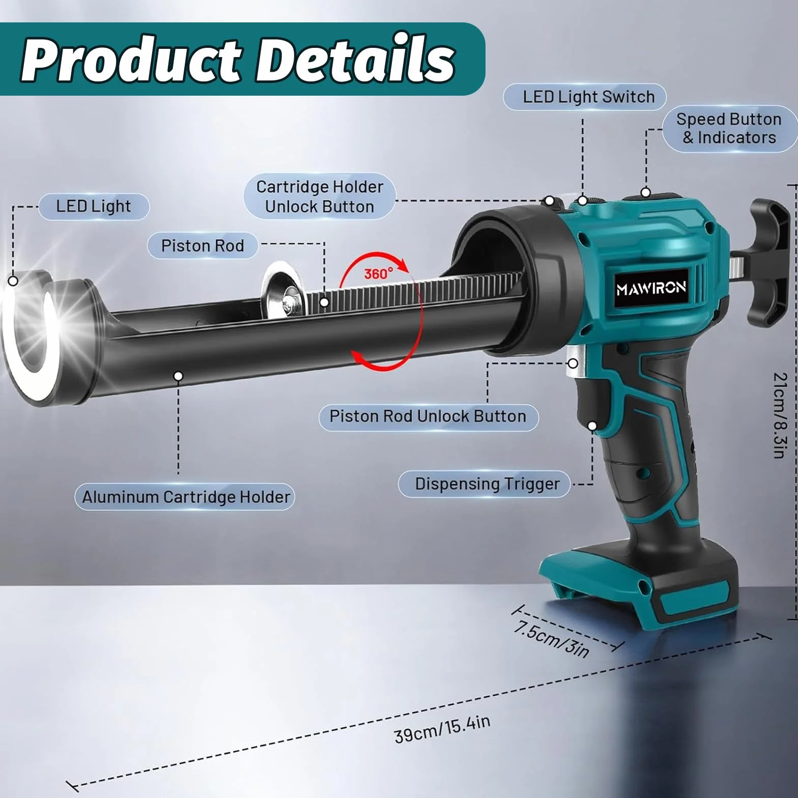Akumulatorowy pistolet na kartusz, kompatybilny z akumulatorem Makita 18 V, elektryczna prasa do kartuszy, światło LED, pistolet silikonowy, akumulator do wkładów 300 ml, bez akumulatora