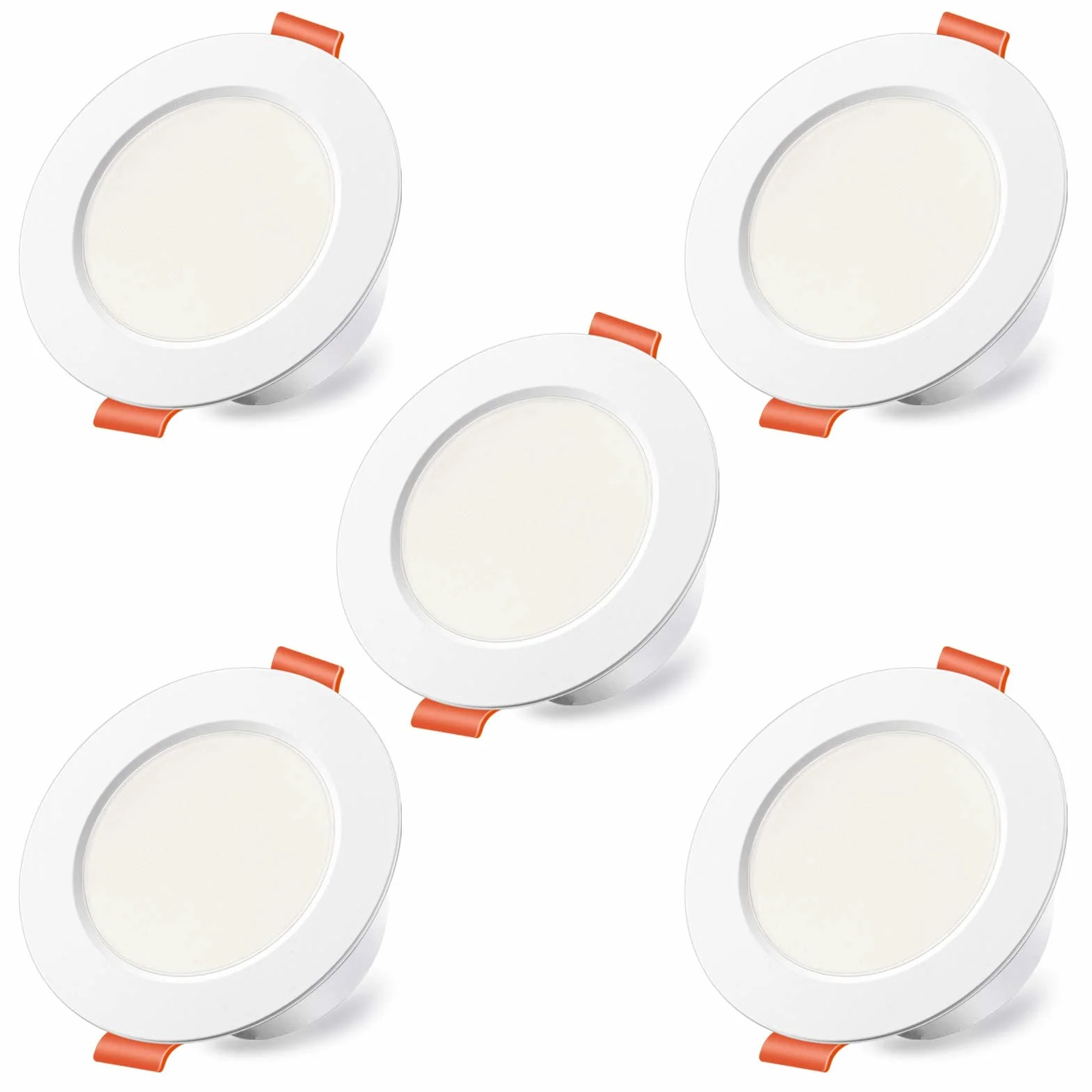 Zestaw 5 lamp sufitowych LED, otwór 70-85 mm, okrągłe reflektory punktowe, 7,6 cm, 8 W, 60 W, 800 lumenów, IP44 2700 K, ciepła biel