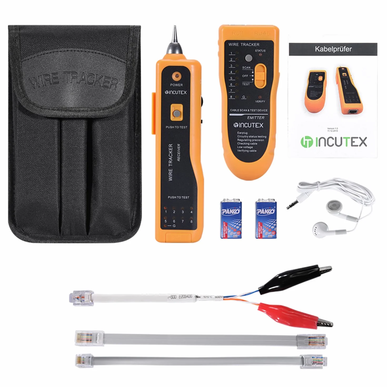 Incutex Tester ciągłości obwodów elektrycznych, LAN RJ45/RJ11, kable telefoniczne Cat5 Cat6 Ethernet, lokalizator kable sieciowe lub zasilające z diodą LED i słuchawkami, baterie w zestawie