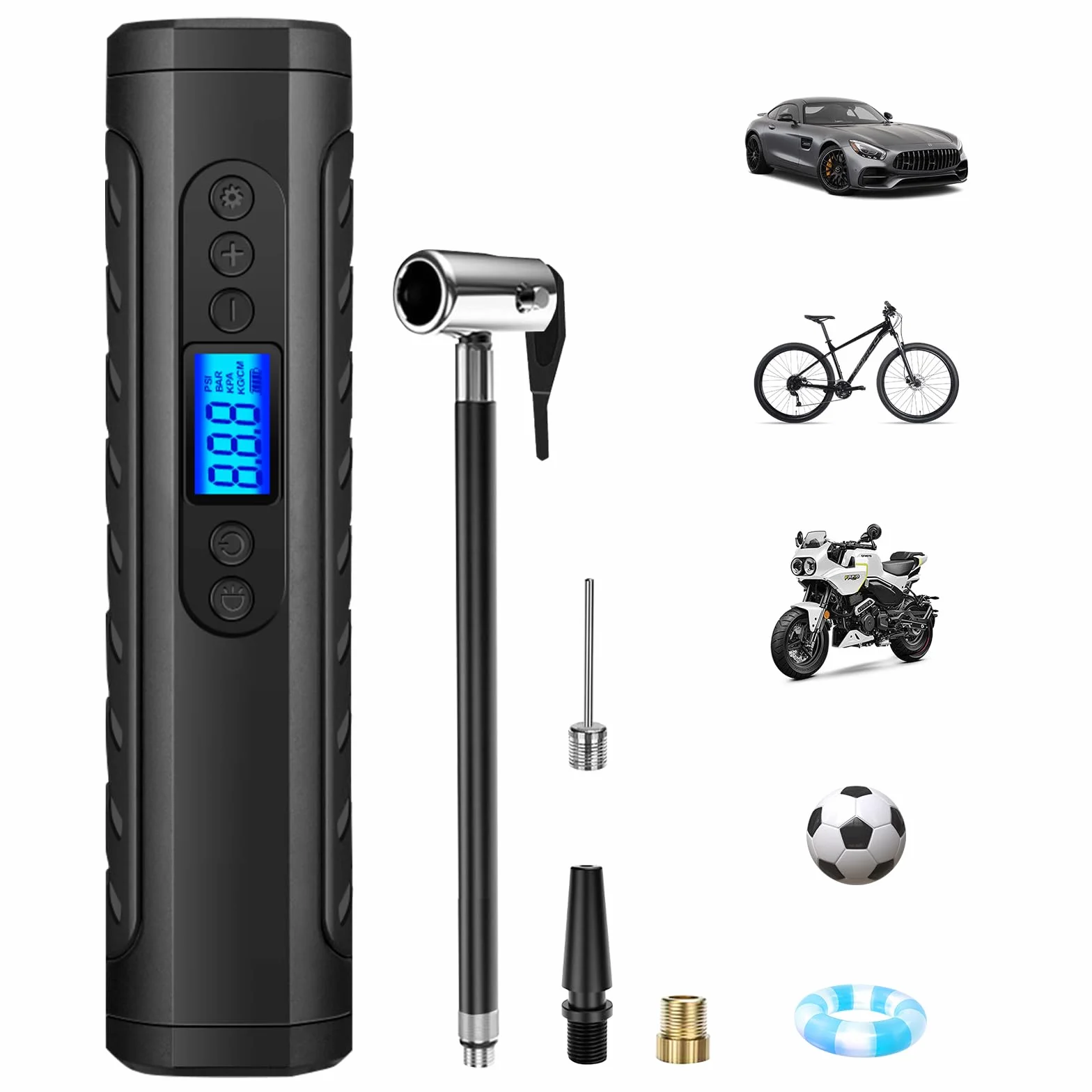 Przenośna sprężarka powietrza Przenośny Kompresor 150 PSI 6000 mAh Bezprzewodowa Pompka do Opon z Wyświetlaczem LCD, Lampką LED i 3 Końcówkami do Samochodu, Roweru i Motocykla