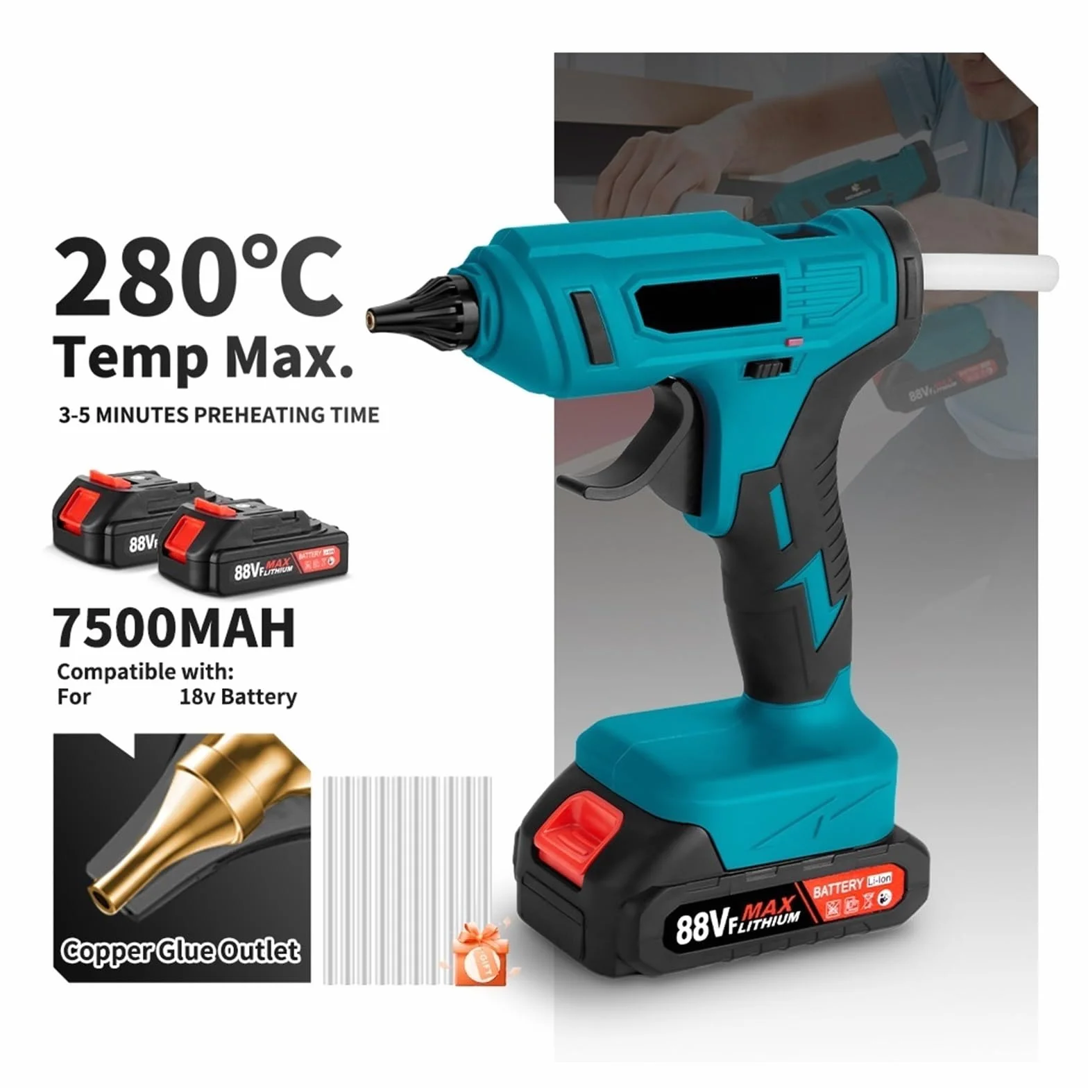 280°C Elektryczny Pistolet Do Klejenia Na Gorąco Przenośny Akumulator DIY Narzędzie Do Naprawy Z 10 Szt. Zestaw Klejów W Sztyfcie Do Akumulatora 18 V Szybkie Nagrzewanie(1 Battery)