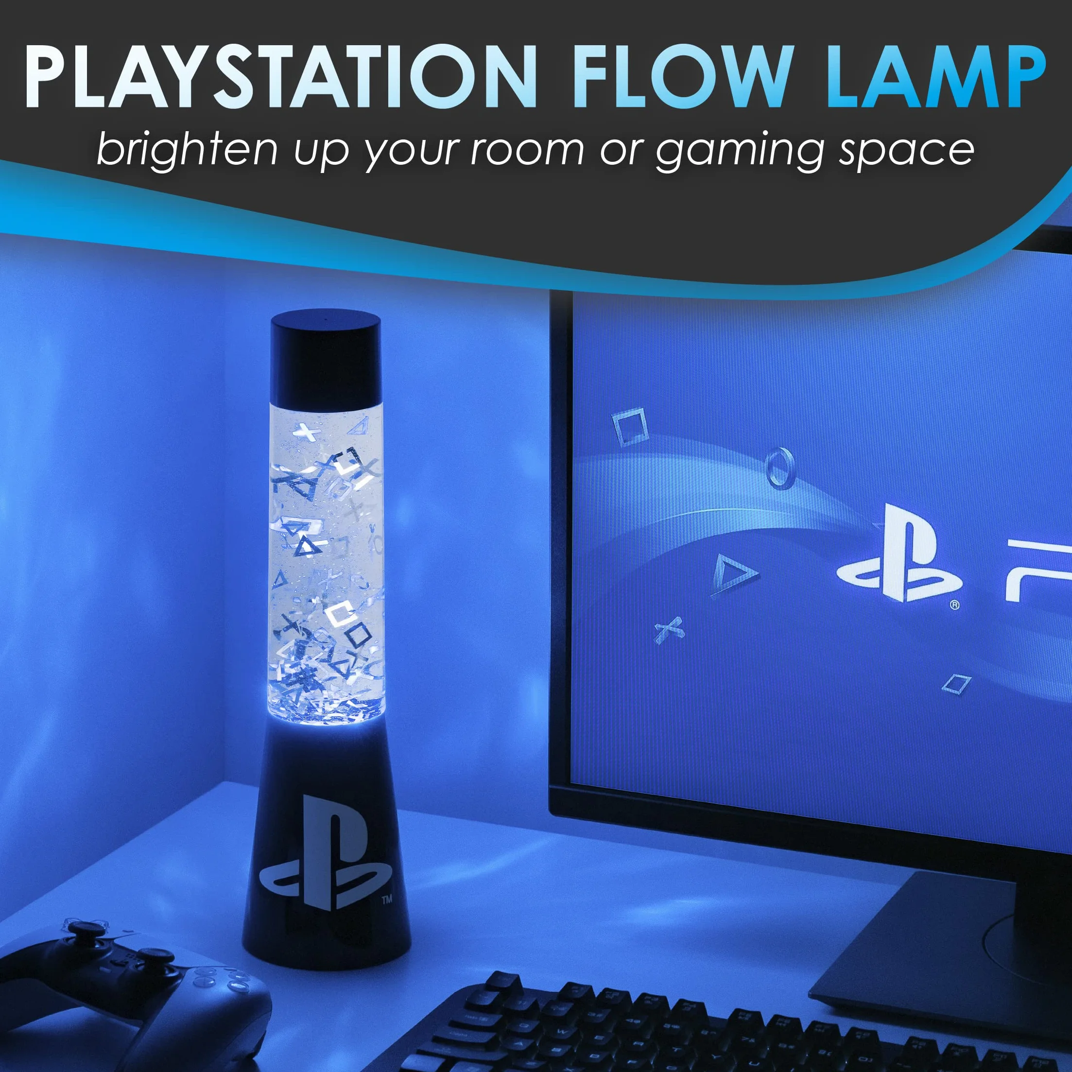Paladone Sony PlayStation Glitter Liquid Mood Light z pływającymi kontrolerami i ikonami, oficjalnie licencjonowany produkt Sony PlayStation | PS5 | lampa lawowa | lampa biurkowa | lampka nocna |