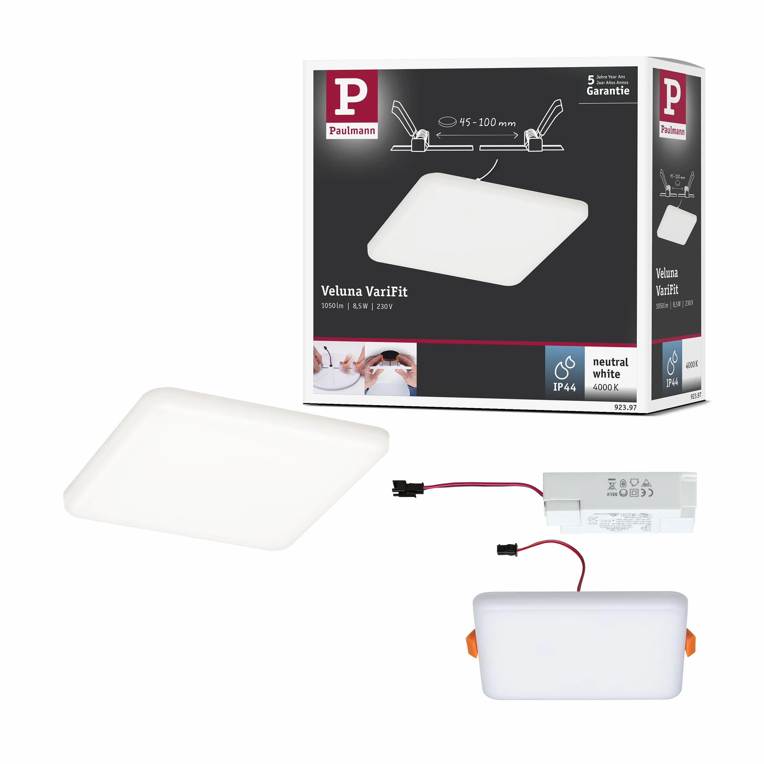 Paulmann 92397 Panel LED, oprawa wpuszczana Veluna VariFit, IP44 125x125mm czworok., w kompl. oprawa sufitowa 1x8,5 W satyn. tworzywo sztuczne 4000 K