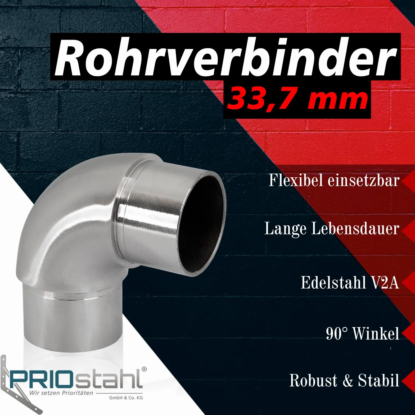 PRIOstahl Kolanko okrągłe, kolanko rurowe, łącznik rurowy, łącznik wtykowy, okrągły, Ø 33,7 mm, do rur okrągłych, rury, poręczy, połączenie do wtykania, poręczy, nierdzewny, ze stali nierdzewnej V2A