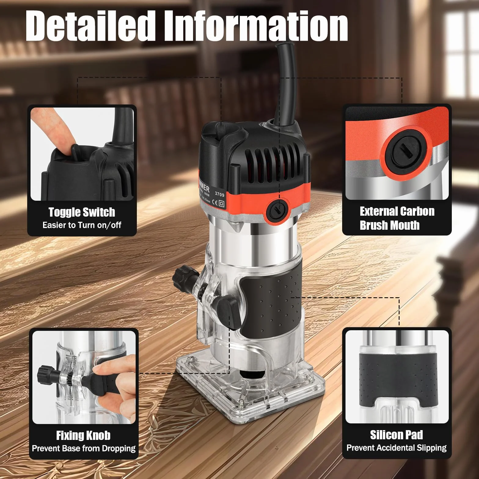 Elektryczna frezarka górnowrzecionowa jednoręczna, 800 W Rimmer Router Frez krawędziowy, zestaw frezów do drewna, elektryczny laminat do drewna palmowego Router Joiner Tool 30000 obr./min, do