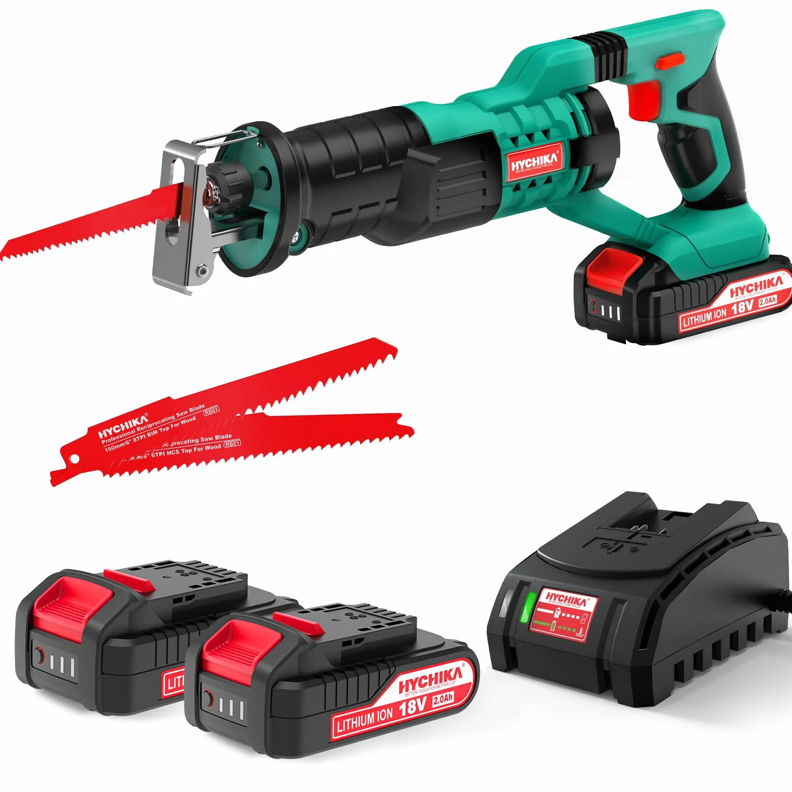 HYCHIKA Piła szablasta, wielofunkcyjna piła uniwersalna 18V z oświetleniem LED, prędkość 0-2800SPM, akumulatory 2x2000 mAh, szybkie ładowanie 1 godzina, idealna do cięcia drewna i metalu