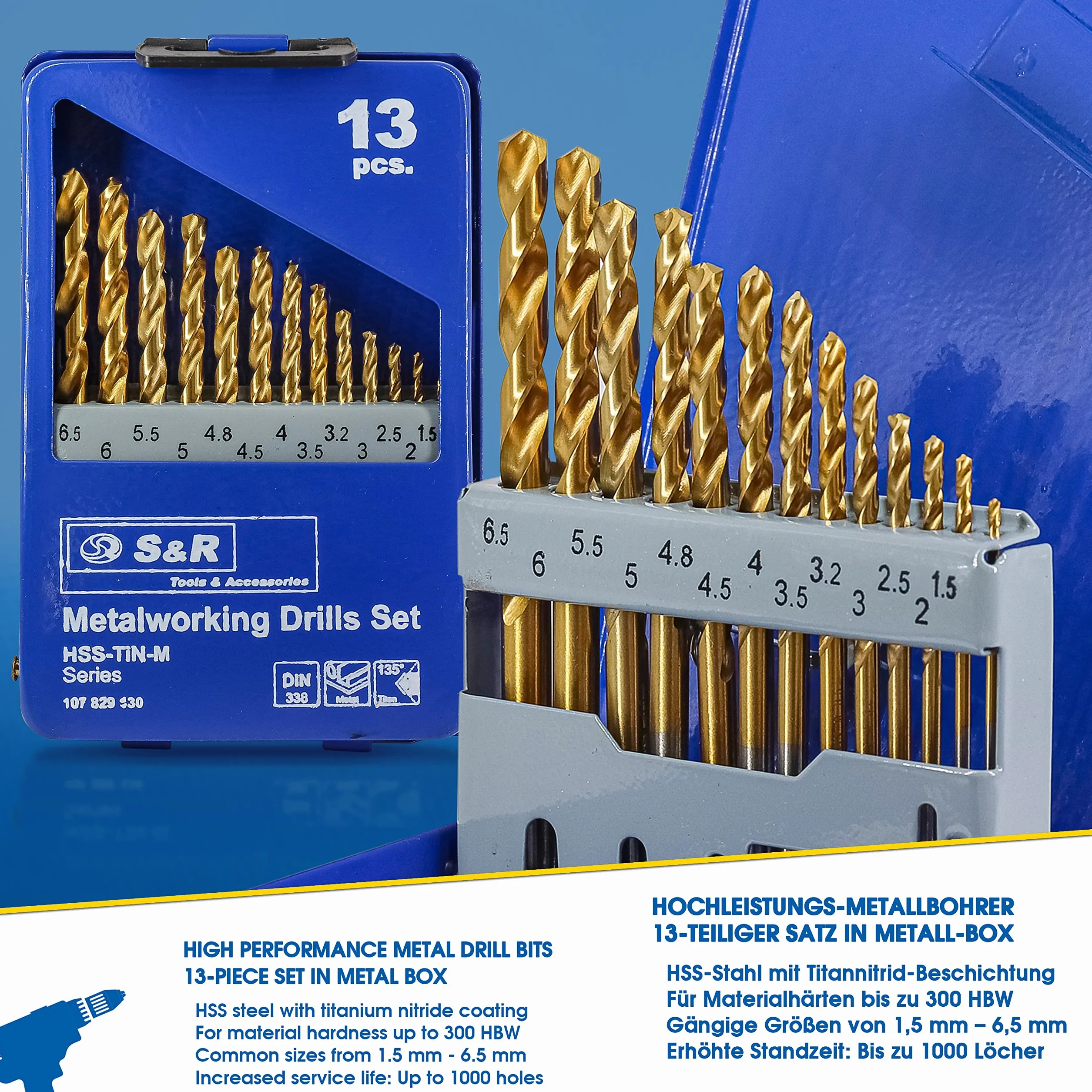 S&R zestaw wierteł do metalu 13 szt. 1,5-6,5 mm, jakość przemysłowa, wiertło ze stali HSS-G TITANIUM wg DIN 338, kąt wierzchołkowy 135°, szlifowane, powłoka z azotku tytanu, wiertło kręte TiN