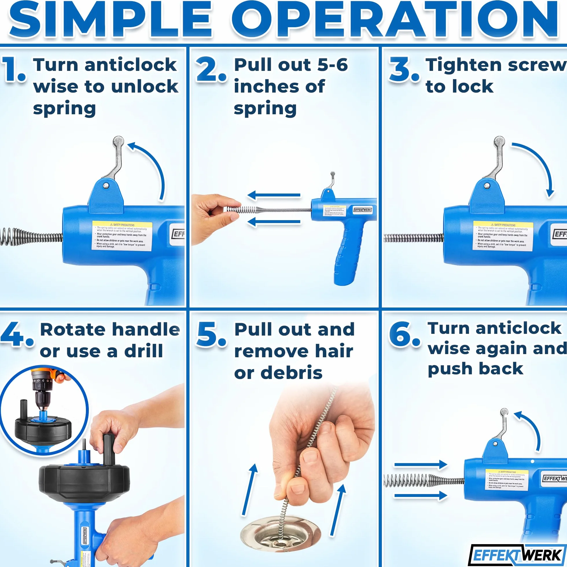Drain Auger Drill Attachment with 7.6 m Plumbing Snake, Gloves, and Storage Bag - Pipe Clog Remover for Bathtub, Bathroom/Kitchen Sink and Shower Drains