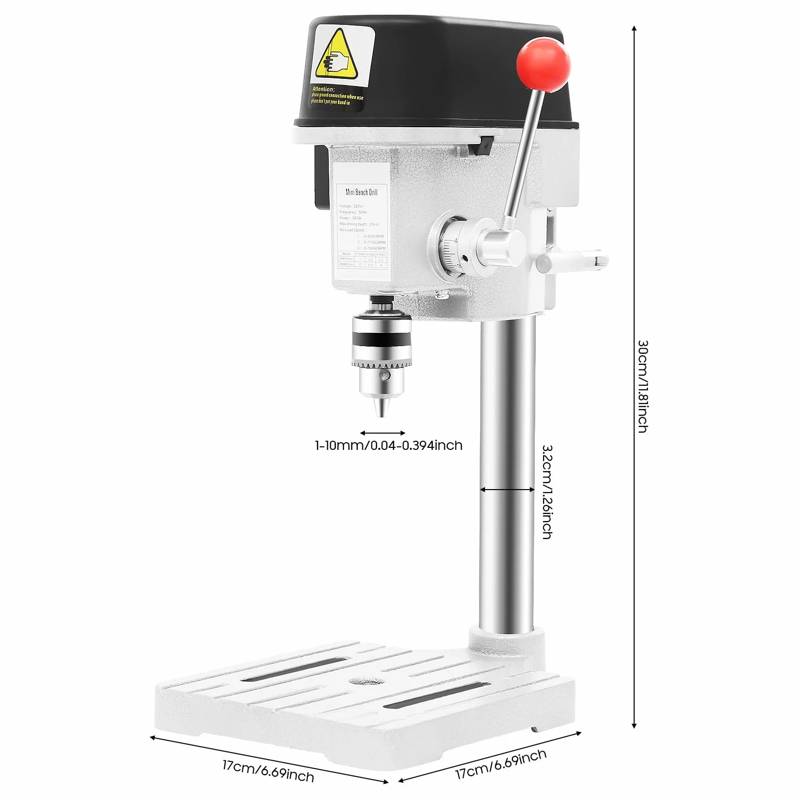 Wiertarka stołowa, 340 W, mini wiertarka kolumnowa, przewodowa mini wiertarka stołowa, głębokość wiercenia 25 mm, średnica tulei zaciskowych 1-10 mm