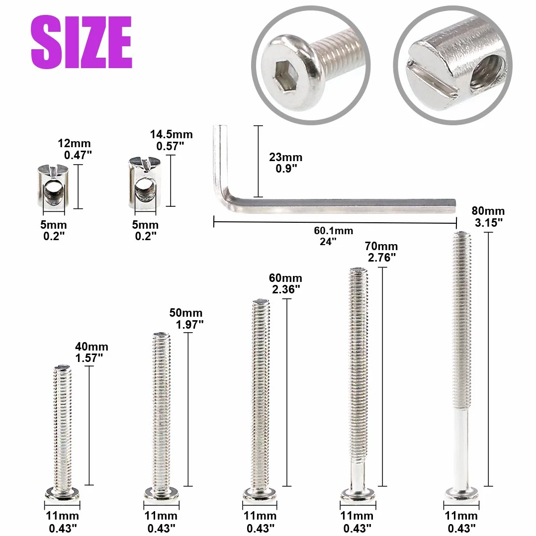 Swpeet 100 szt. śrub do łóżeczka dziecięcego, niklowane, M6 × 40/50/60/70/80 mm, śruba z gniazdem sześciokątnym, śruba do łóżeczka dziecięcego i nakrętki beczki z 1 x kluczem imbusowym, idealne do