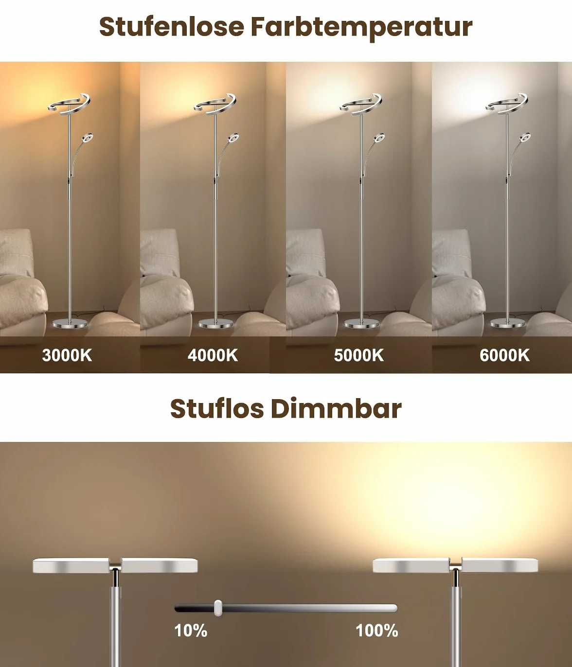 Lampa podłogowa LED z regulacją jasności, 20W. W zestawie elastyczna lampa do czytania 7W. Pilot zdalnego sterowania, 4 temperatury barwowe. Idealna do salonu, sypialni, biura i hotelu