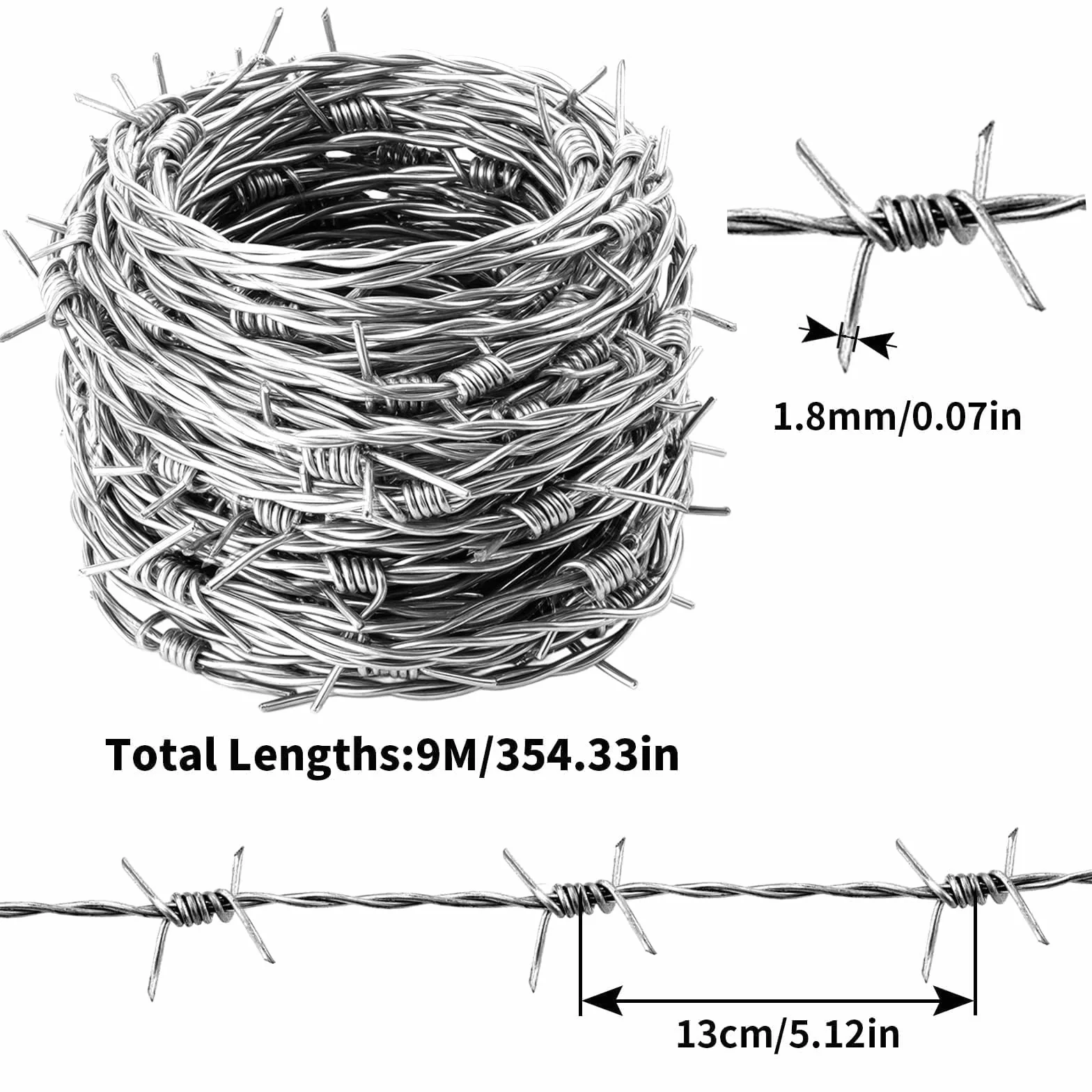 Mbsomnus Drut kolczasty 1,8 mm x 9 m, rolka z drutu kolczastego, ocynkowana ogniowo, z rękawiczkami, kolce, na pastwisko, ogrodzenie, ogrody, balkon, podwórko, ściany, DIY, rękodzieło, kij baseballowy