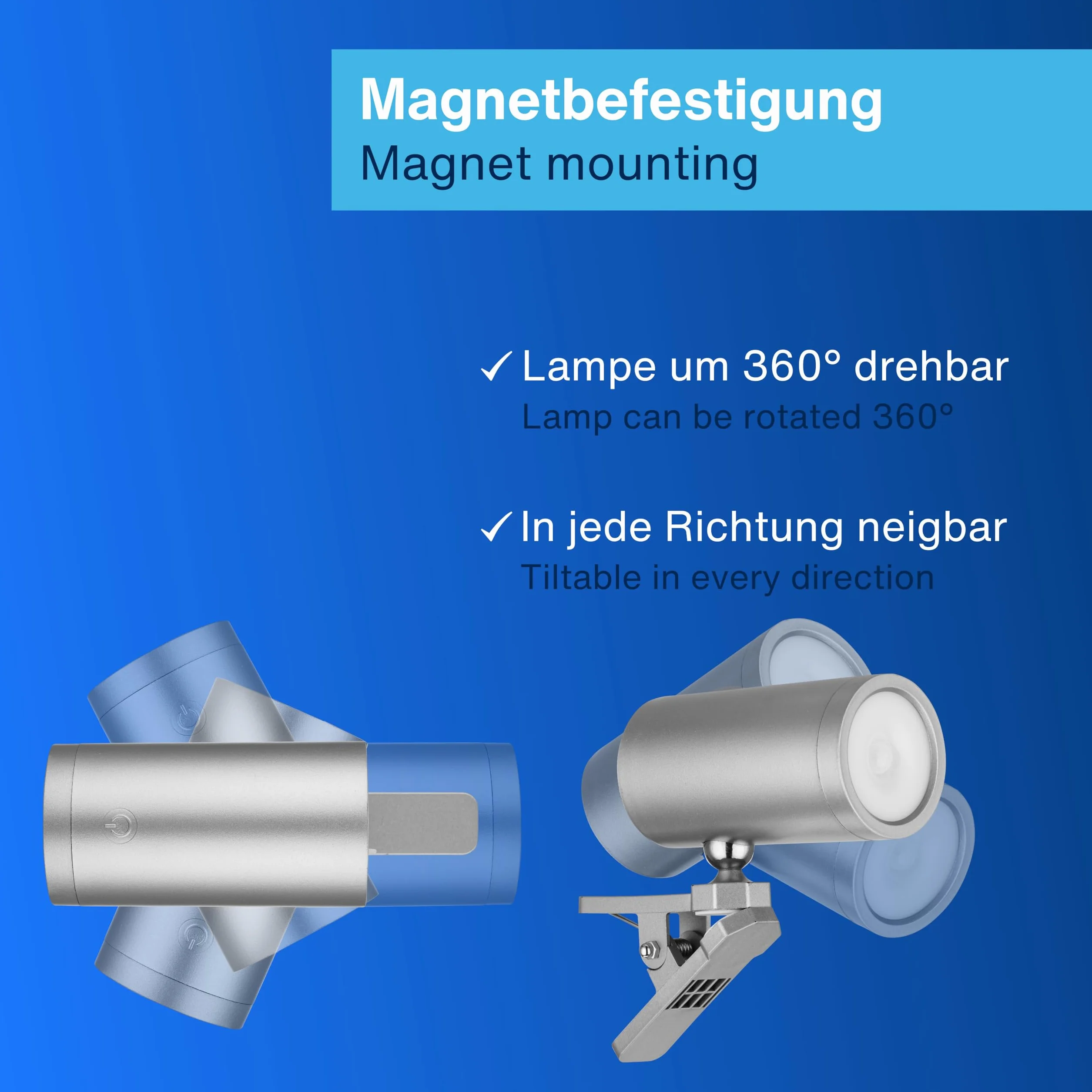 REV Lampa ścienna LED z akumulatorem i czujnikiem ruchu, 180 lm, bezprzewodowa, ściemniana, obracana o 360°, idealna na kemping, do garażu, piwnicy, IP54, srebrna
