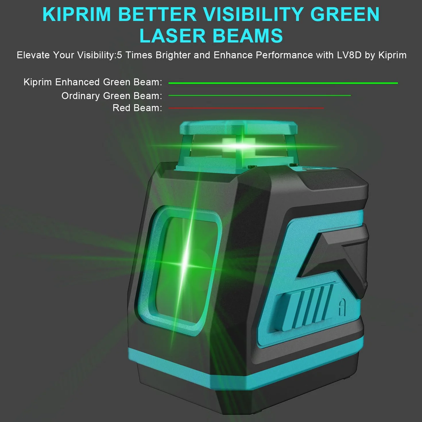 Poziomica laserowa, Kiprim LV8D Cross Line Green o zwiększonej widoczności, 5 linii laserowych, regulowana jasność, tryb ręczny/autonomiczny/impulsowy, baterie i torba transportowa w zestawie