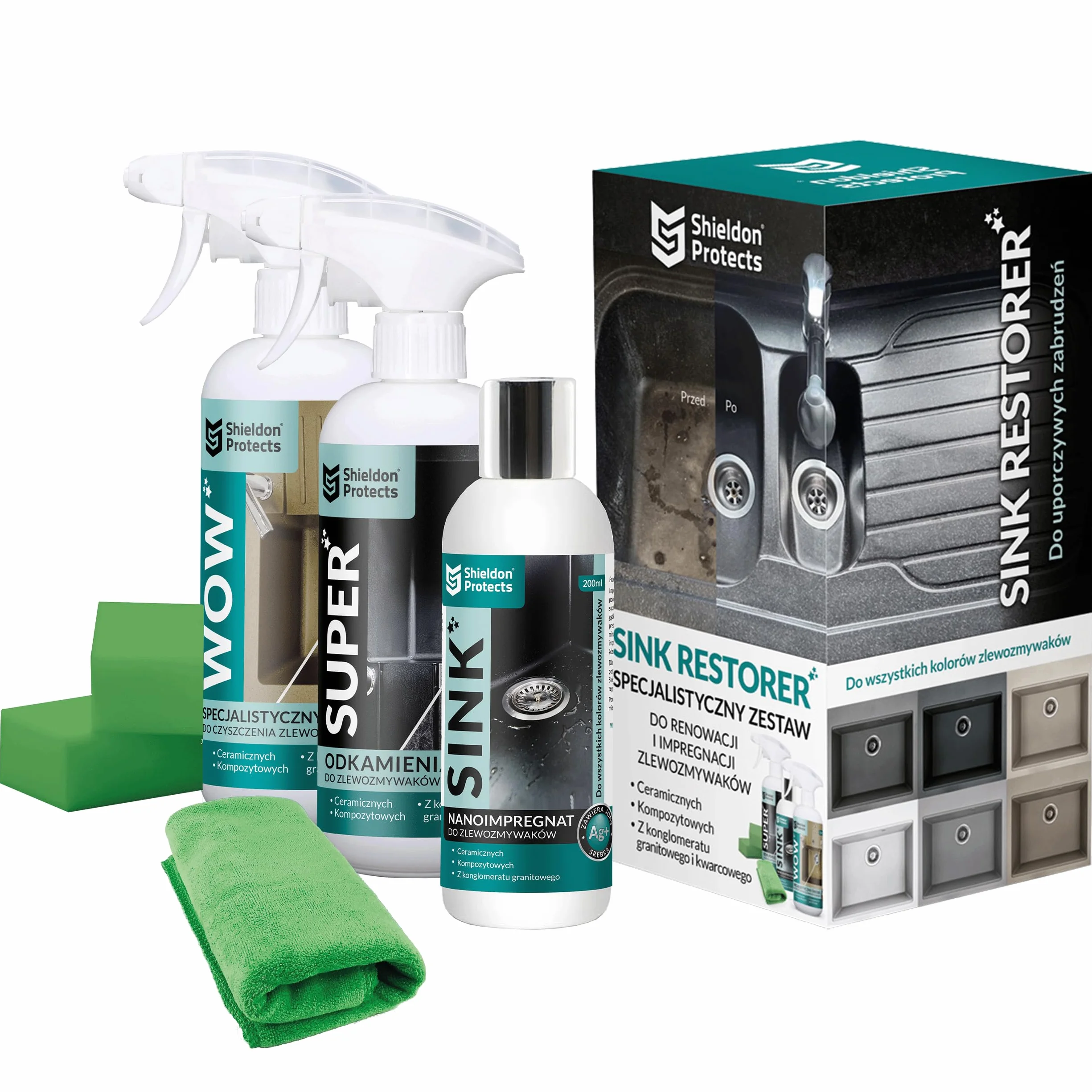 Shieldon Protects Sink Restorer - Zestaw do czyszczenia i renowacji zlewu granitowego, 3-etapowy system - silny środek do czyszczenia, odkamieniacz, impregnat + ściereczka z mikrofibry i 2 gąbki