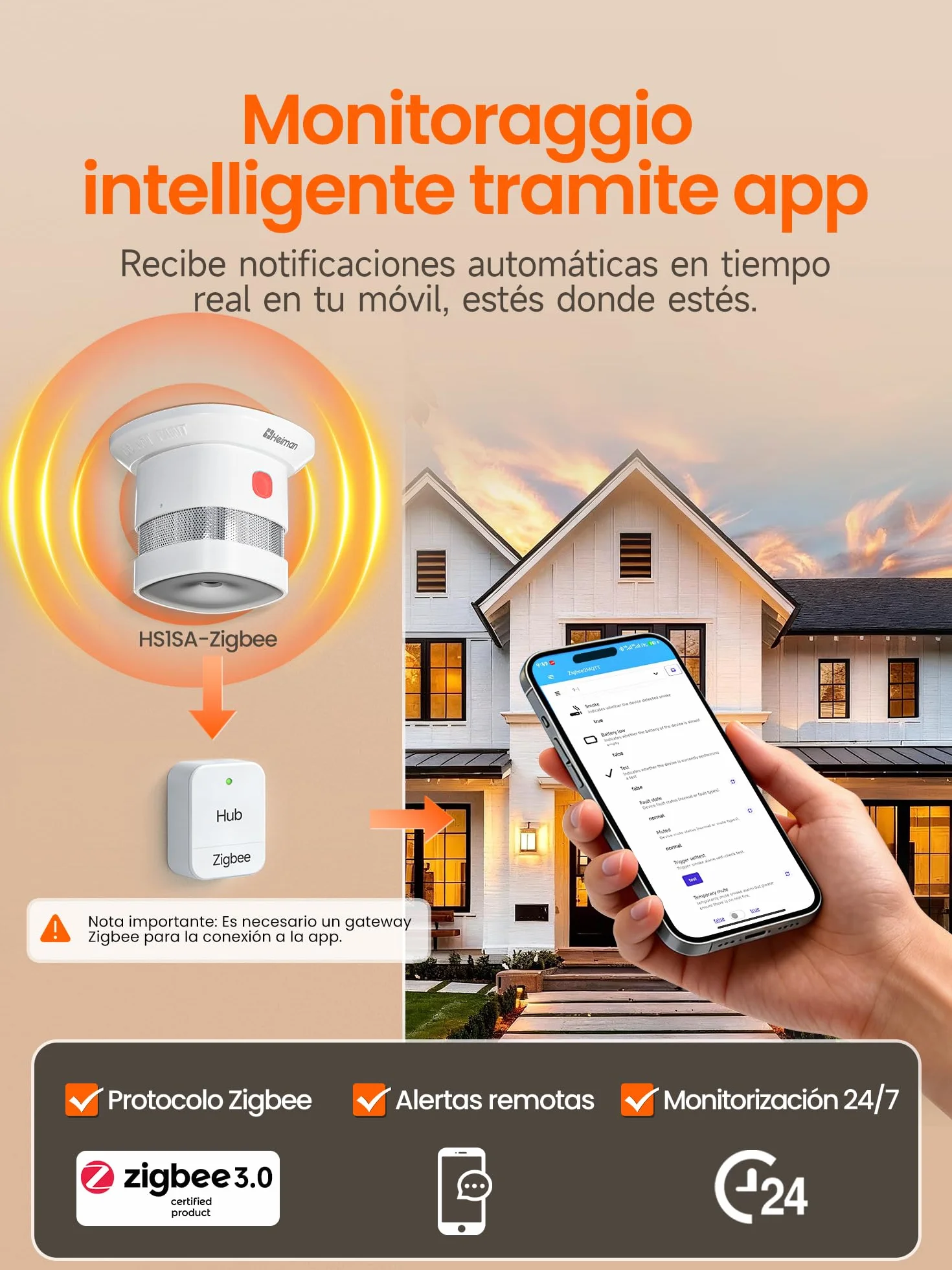 Heiman Detektor Dymu Zigbee 3.0 HS1SA-E-PLUS, Inteligentny Detektor Dymu, Wymienne Baterie 5 Lat, Czujnik Fotoelektryczny, Obsługa ZHA & Z2M (Wymaga Hub Zigbee), Zestaw 3