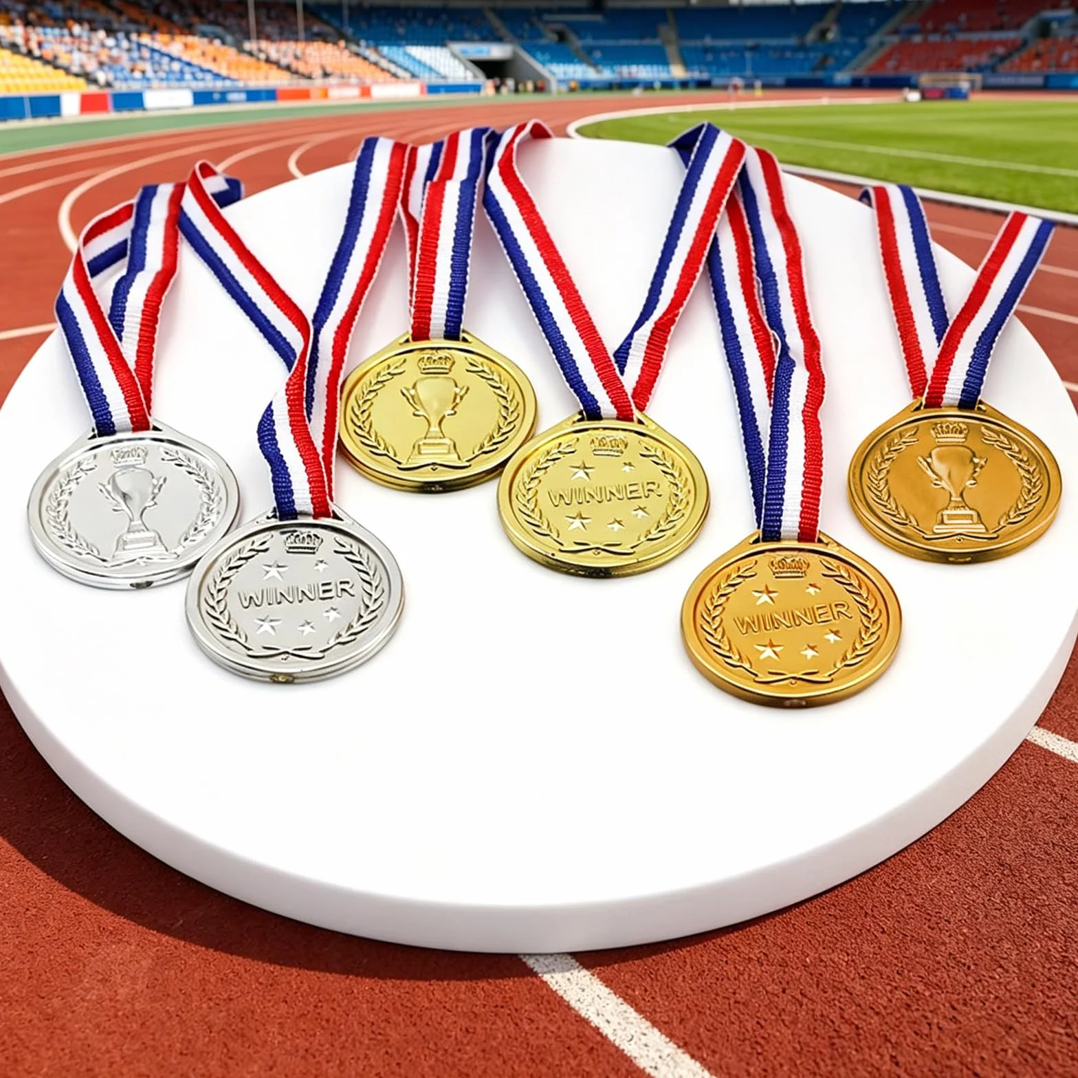 30 medali olimpijskich, nagrody na dzień sportowy, złoty medal z taśmą na szyję, plastikowy medalik do sportu, zawodów, imprez, w stylu olimpijskim, złotym, srebrnym, brązowym