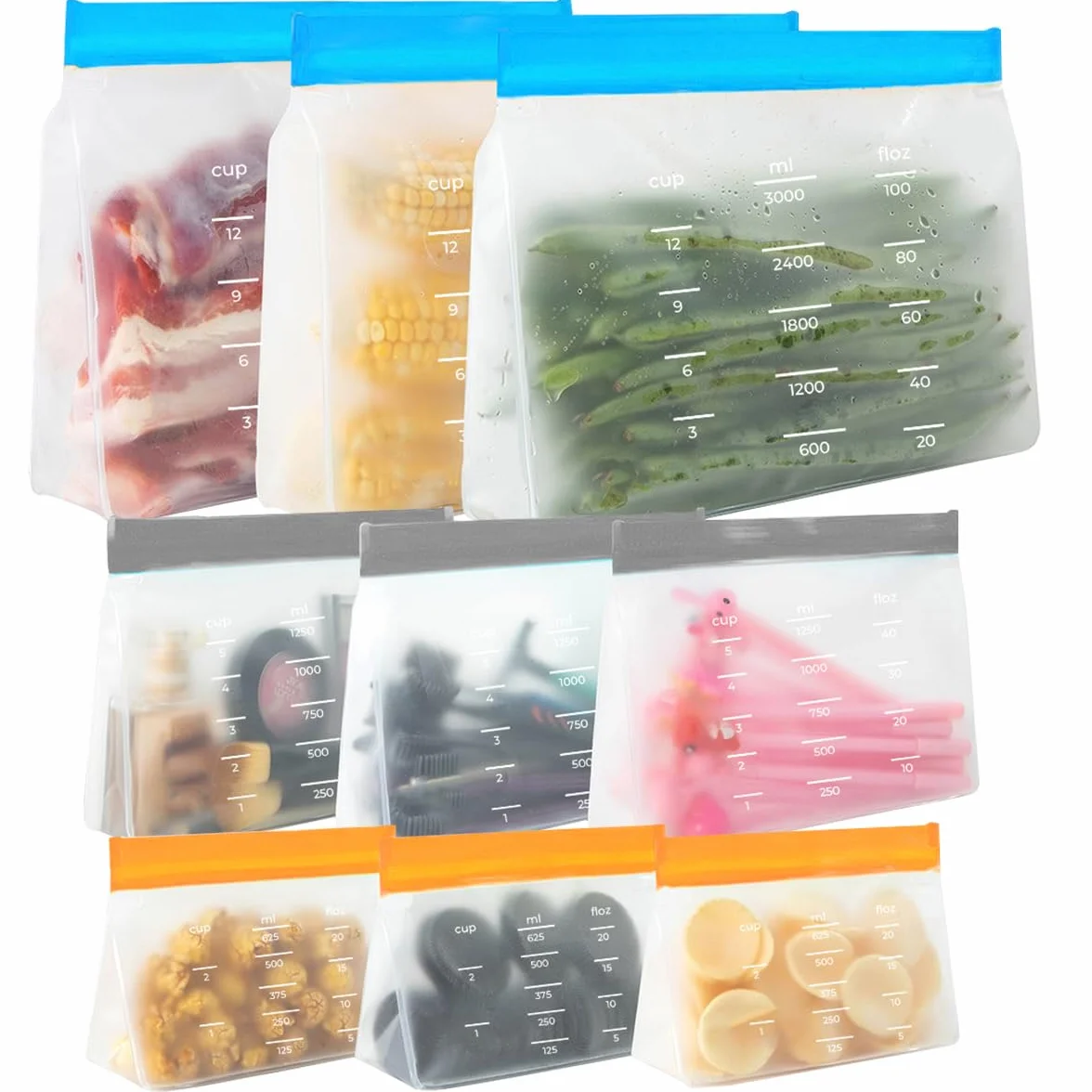 Worki do zamrażania wielokrotnego użytku, stojące wzornictwo, wielokrotnego użytku, wielokrotnego użytku, worki Ziploc Bags na warzywa, mięso i przekąski (625 ml, 1250 ml, 3000 ml)