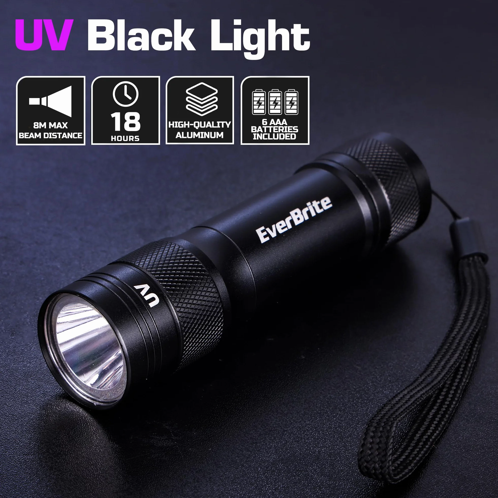 EverBrite Latarka UV 365 nm, czarne światło z 1 W LED i aluminiową obudową, antypoślizgowy uchwyt, czas pracy 18 godzin, wykrywacz moczu zwierząt domowych dla psów i kotów, tester banknotów