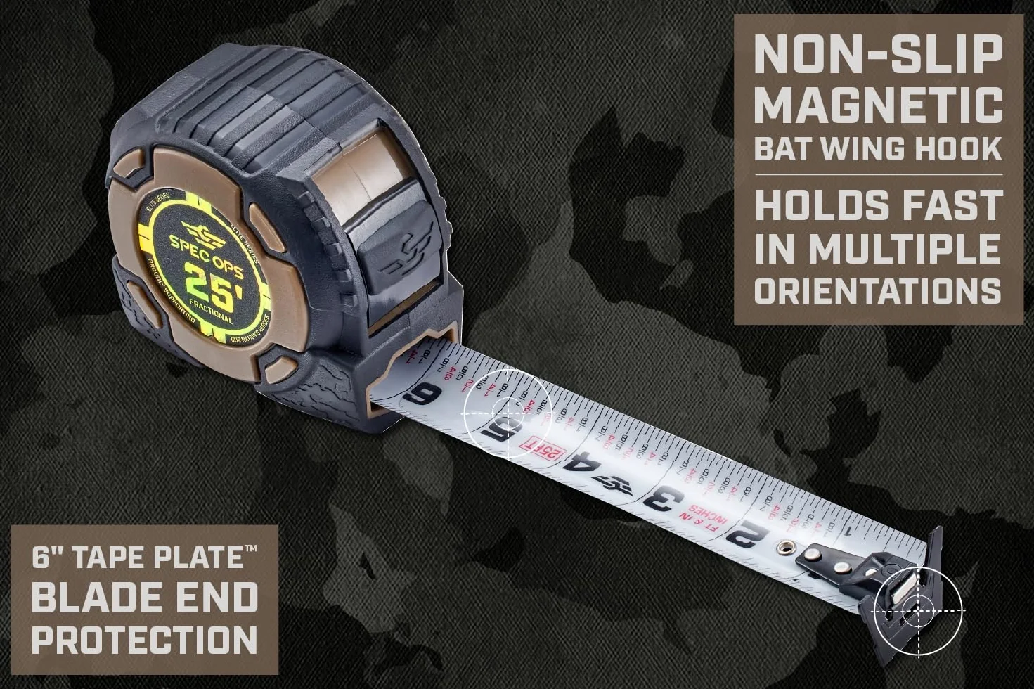 Spec Ops Tools Taśma magnetyczna z serii Elite, 25 m, dwustronne ostrze 3,6 cm, zawiera oznaczenia ułamkowe, 30 m wyróżniających się, obudowa kompozytowa klasy wojskowej, 3% darowizny weteranom