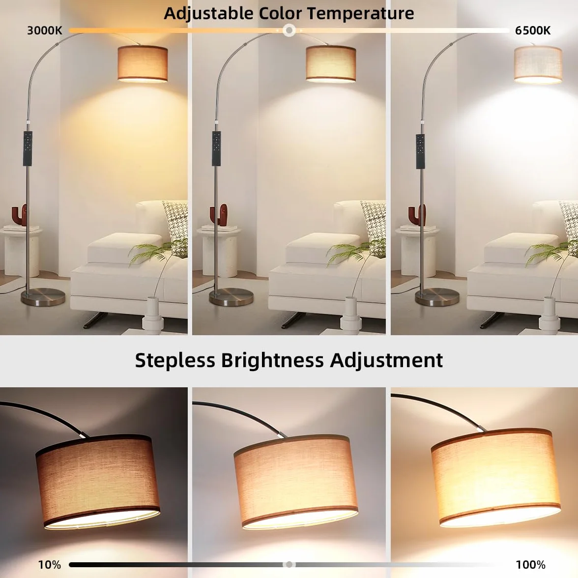 ANTENLICHT AURA Lampa łukowa z pilotem, czarna | Lampa podłogowa do salonu z regulacją jasności | W zestawie: żarówka LED E27 | Brązowy abażur z tkaniny 33 cm | Przełącznik nożny
