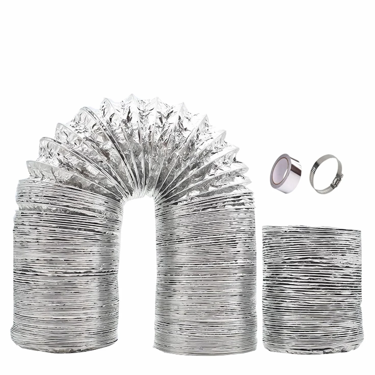 Elastyczny kanał wentylacyjny z aluminium, Aluminiowy elastyczny przewód wentylacyjny srebrny 80-200mm 1,5-5m z opaską zaciskową i taśmą foliową(1.5m 80mm)