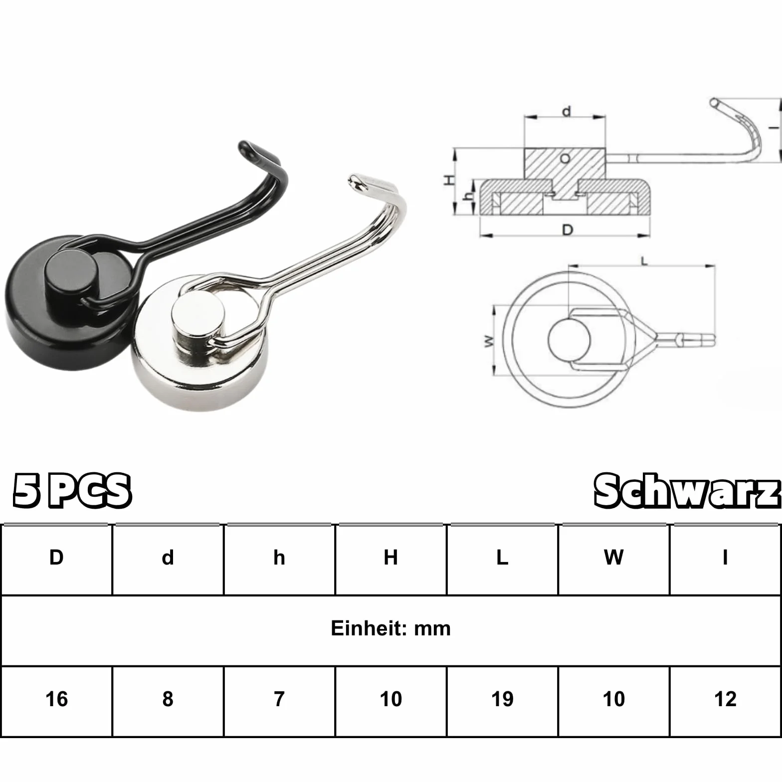 Ronoza 5 sztuk haczyków magnetycznych, bardzo mocne, magnesy neodymowe, 16 mm, magnetyczne haczyki, maks. nośność 15 kg, nadają się do grilla, kuchni, gadżetów, szafek, biura, lodówki (czarne)