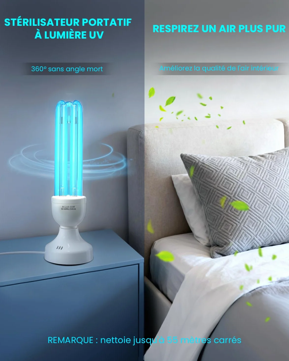 55 W UV bakteriobójcza lampa UVC ozonowa ultrafioletowa z pilotem zdalnego sterowania i 3 timerami, podwójny sterylizator z rurką kwarcową 254 nm, sterylizacja UVC, do sypialni, kuchni
