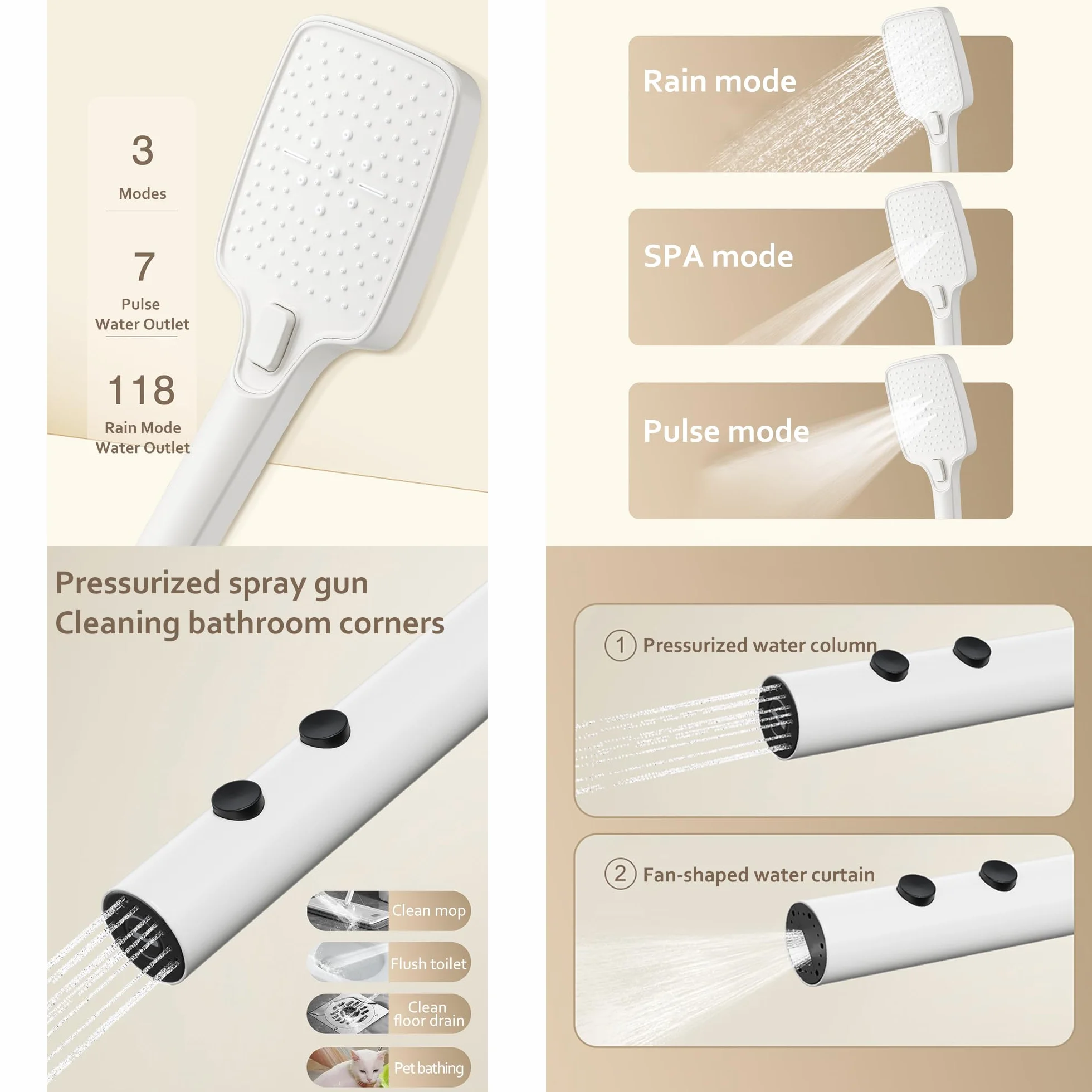 Oszczędzający wodę system prysznicowy z 5 funkcjami, głowica prysznicowa ABS 30 x 20 cm, 3 tryby natrysku, natrysk wsteczny, nowoczesna mlecznobiała, łatwa instalacja