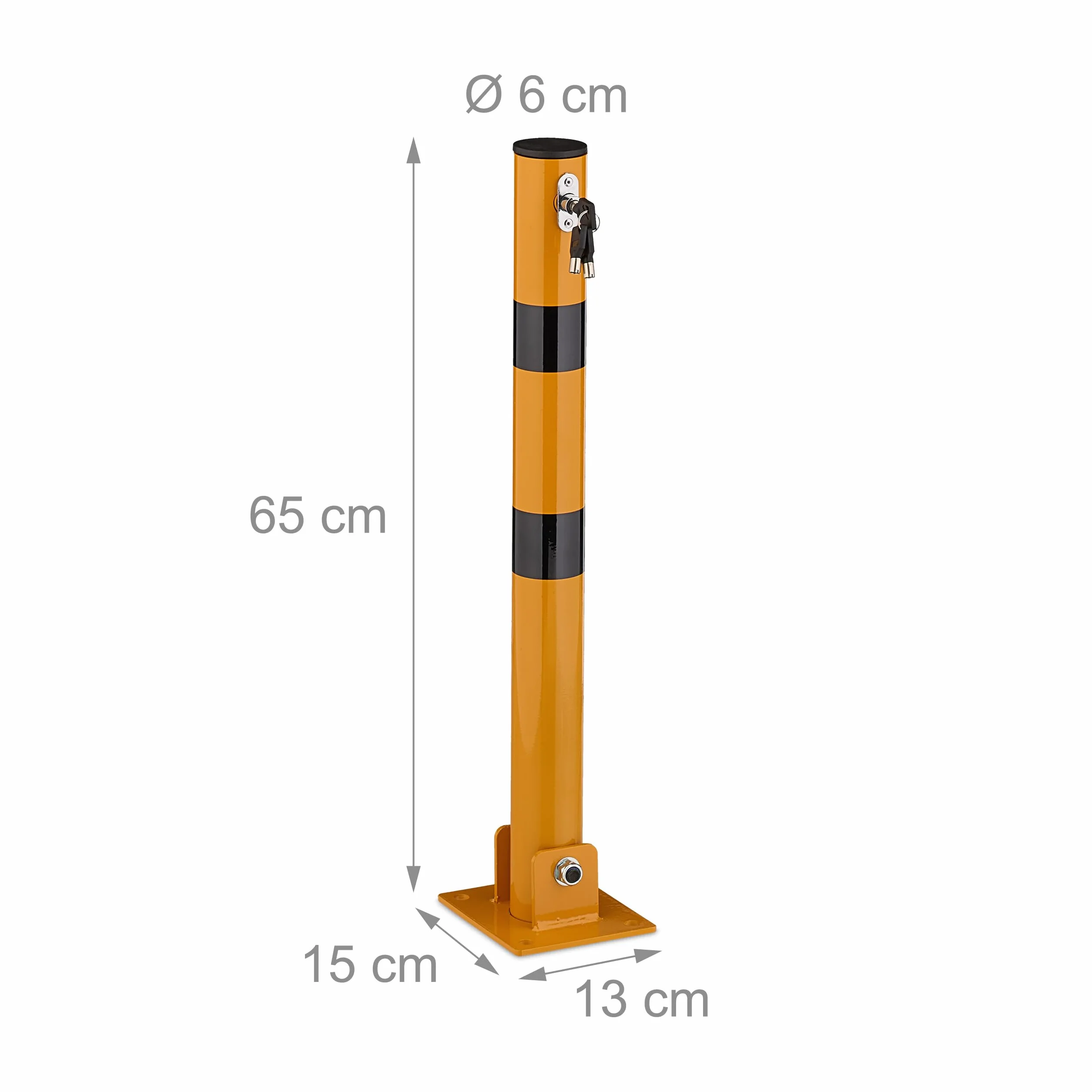 Relaxdays Słupek odcinający, składany, stal, blokada parkingu, wys. 65 cm, zamykany, okrągły słupek parkingowy, żółty/czarny