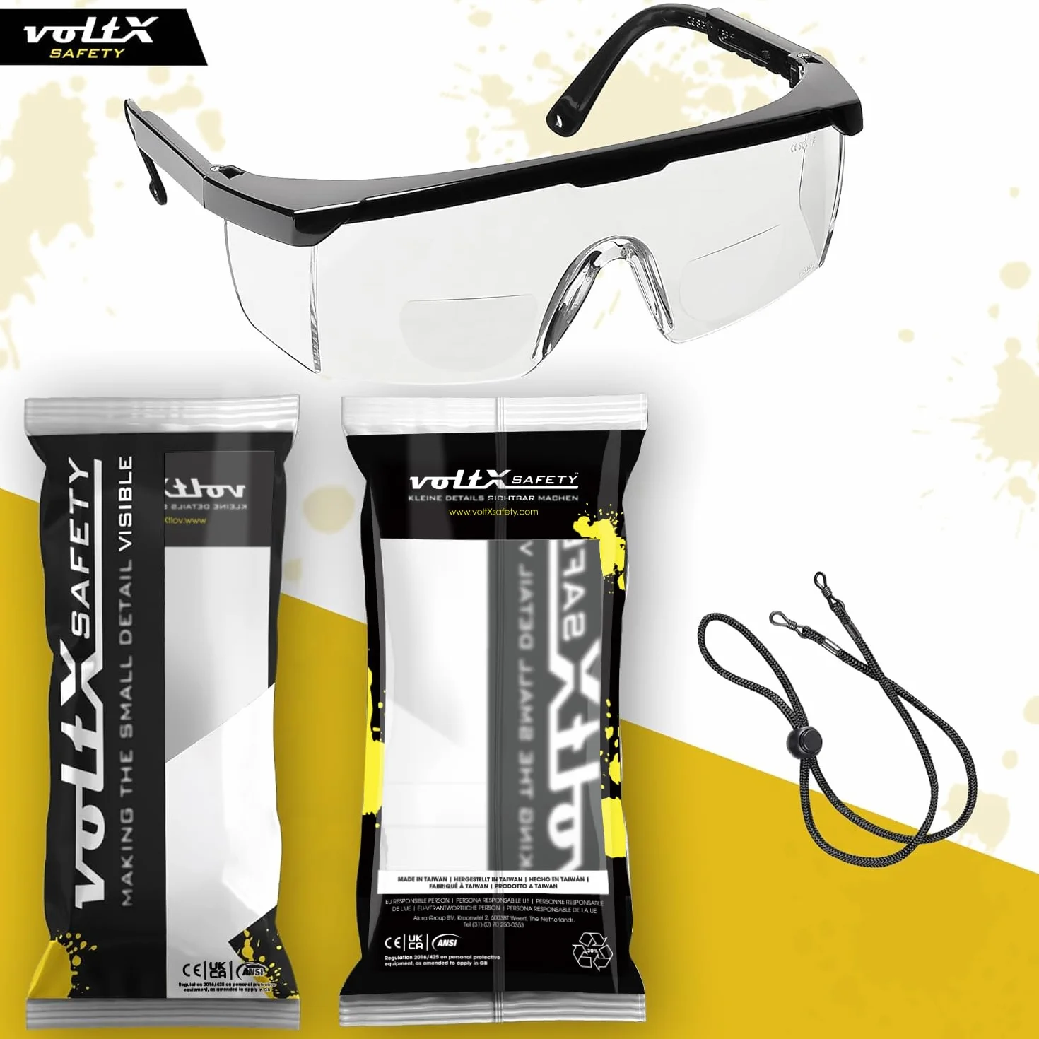 voltX Dwuogniskowe okulary ochronne "Classic" (przezroczyste +3.0 dioptrii) – certyfikat UKCA i CE EN166f – w zestawie sznurek zabezpieczający z ochroną głowy + soczewka przeciwmgielna UV400