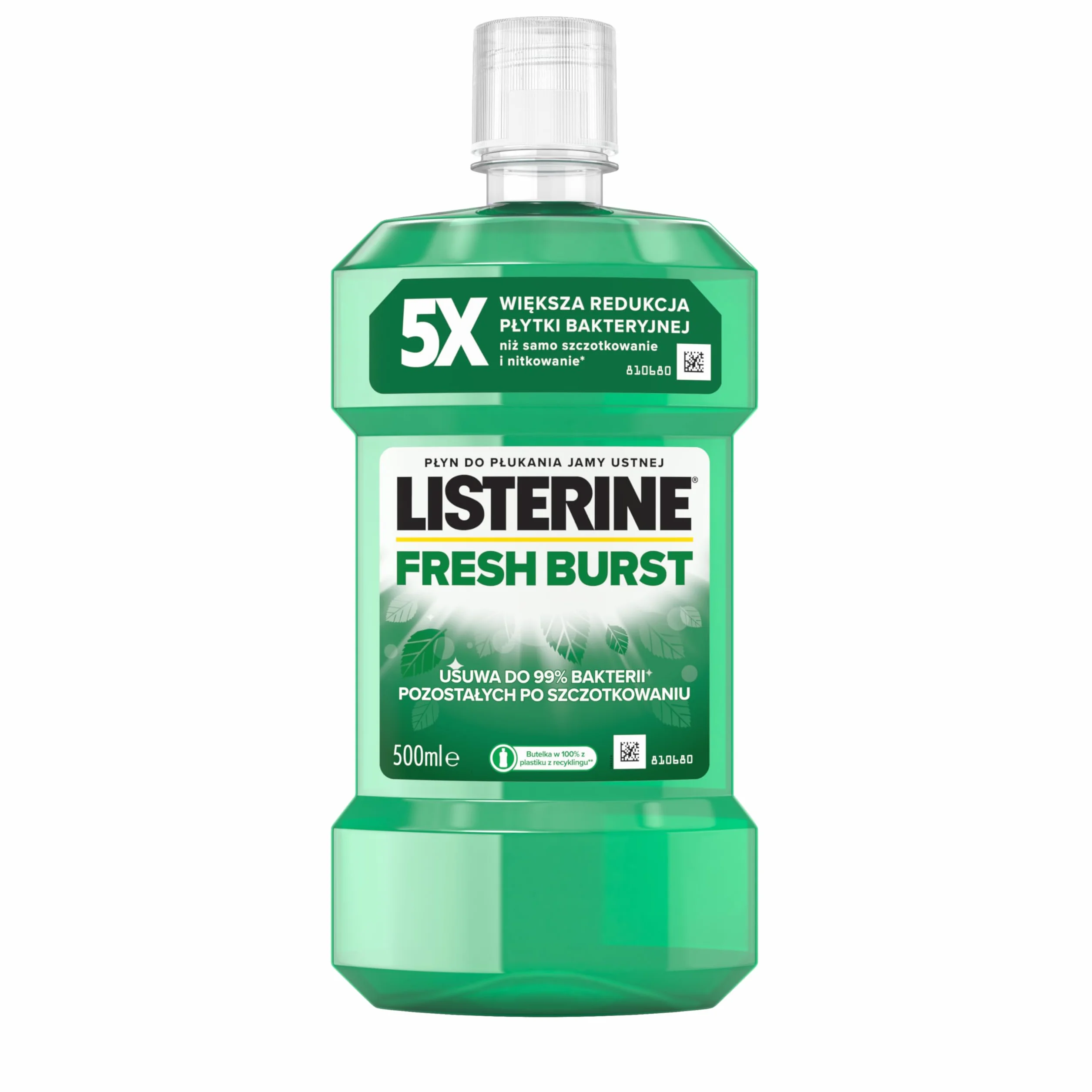 LISTERINE Fresh Burst 500ml, Płyn do płukania jamy ustnej z olejkami eterycznymi, usuwa bakterie, redukuje płytkę nazębną, długotrwale odświeża oddech