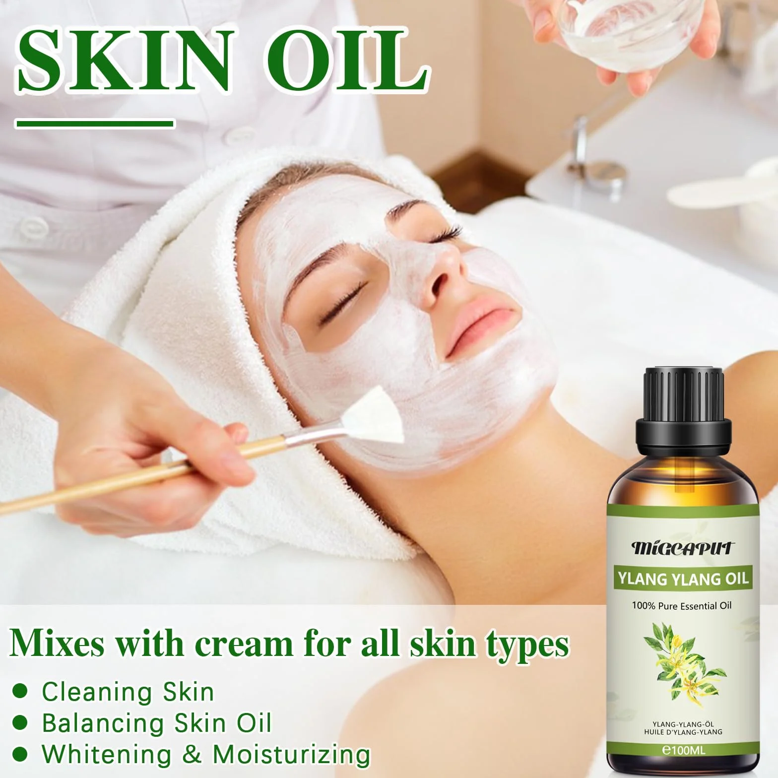 MIGCAPUT Olejek Eteryczny Ylang Ylang 100ML, 100% Naturalny Olejek Aromaterapeutyczny Klasy Terapeutycznej do Pielęgnacji Twarzy, Lepszy Sen, Nawilżacz Powietrza