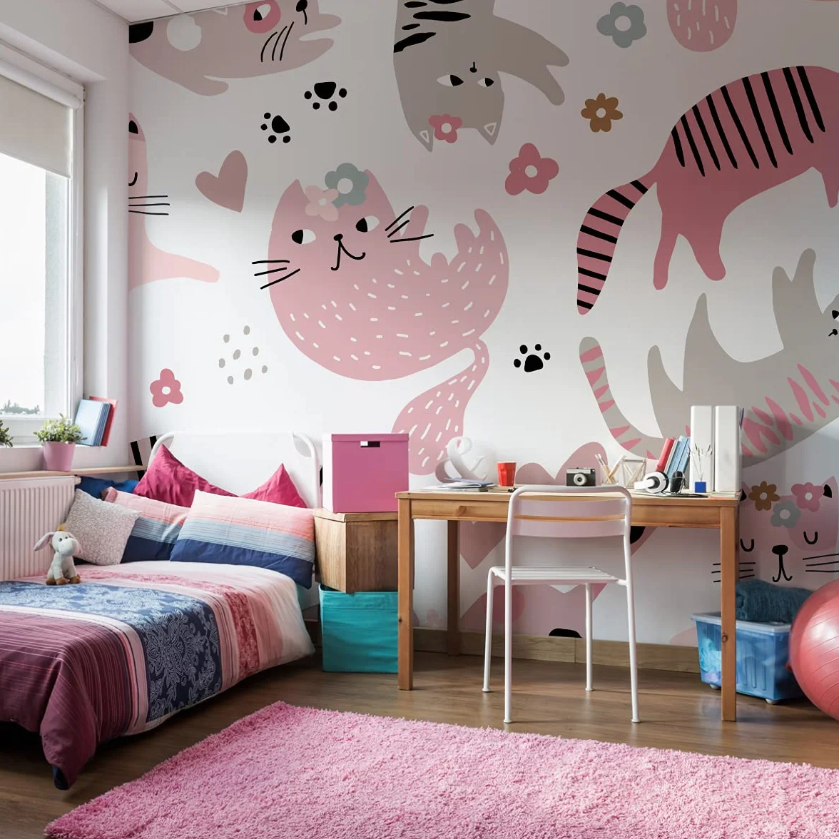 Muralo Fototapeta z włókniny 416 x 254 dzieci różowe kotki kwiaty nowoczesna tapeta pokój dziecięcy sypialnia obrazy ścienne tatuaż ścienny XXL rozmiar 416 cm x wysokość 254 cm